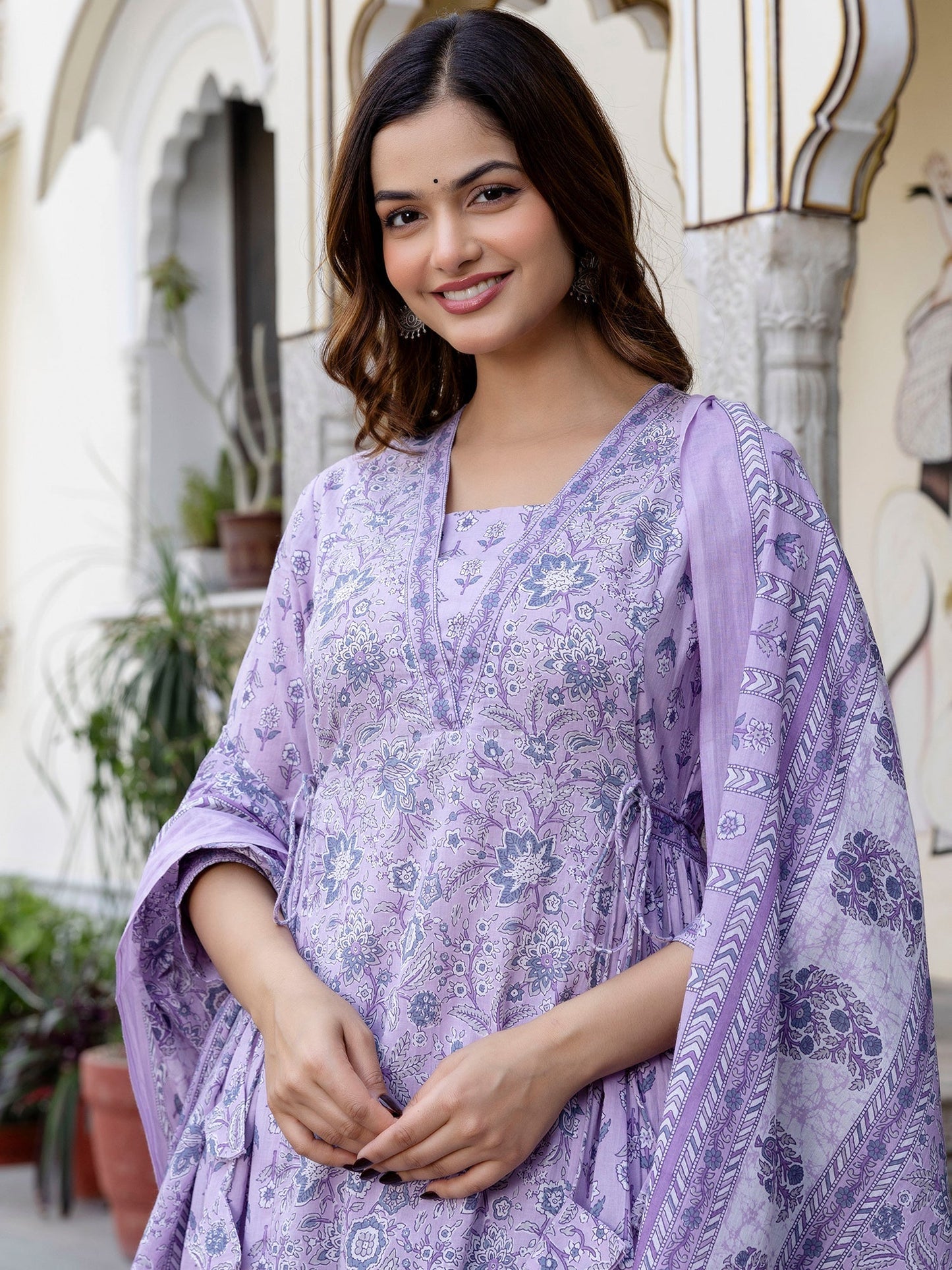 Lavender Printed A-Line Kurta Trousers With Dupatta set