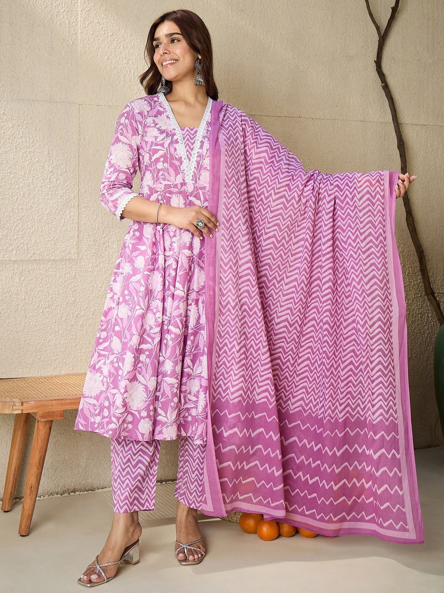 Indo Era Lavender Printed A-Line Kurta Trousers With Dupatta set