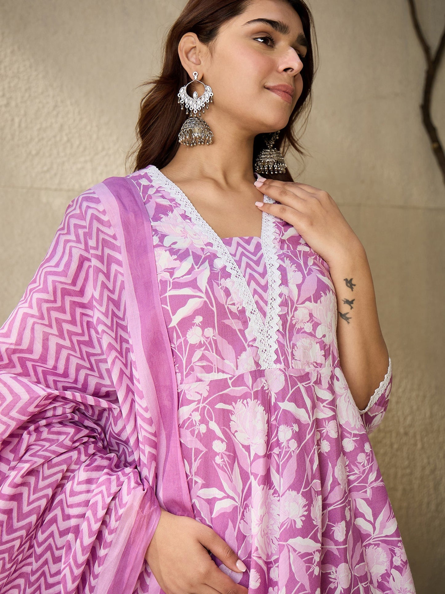 Indo Era Lavender Printed A-Line Kurta Trousers With Dupatta set