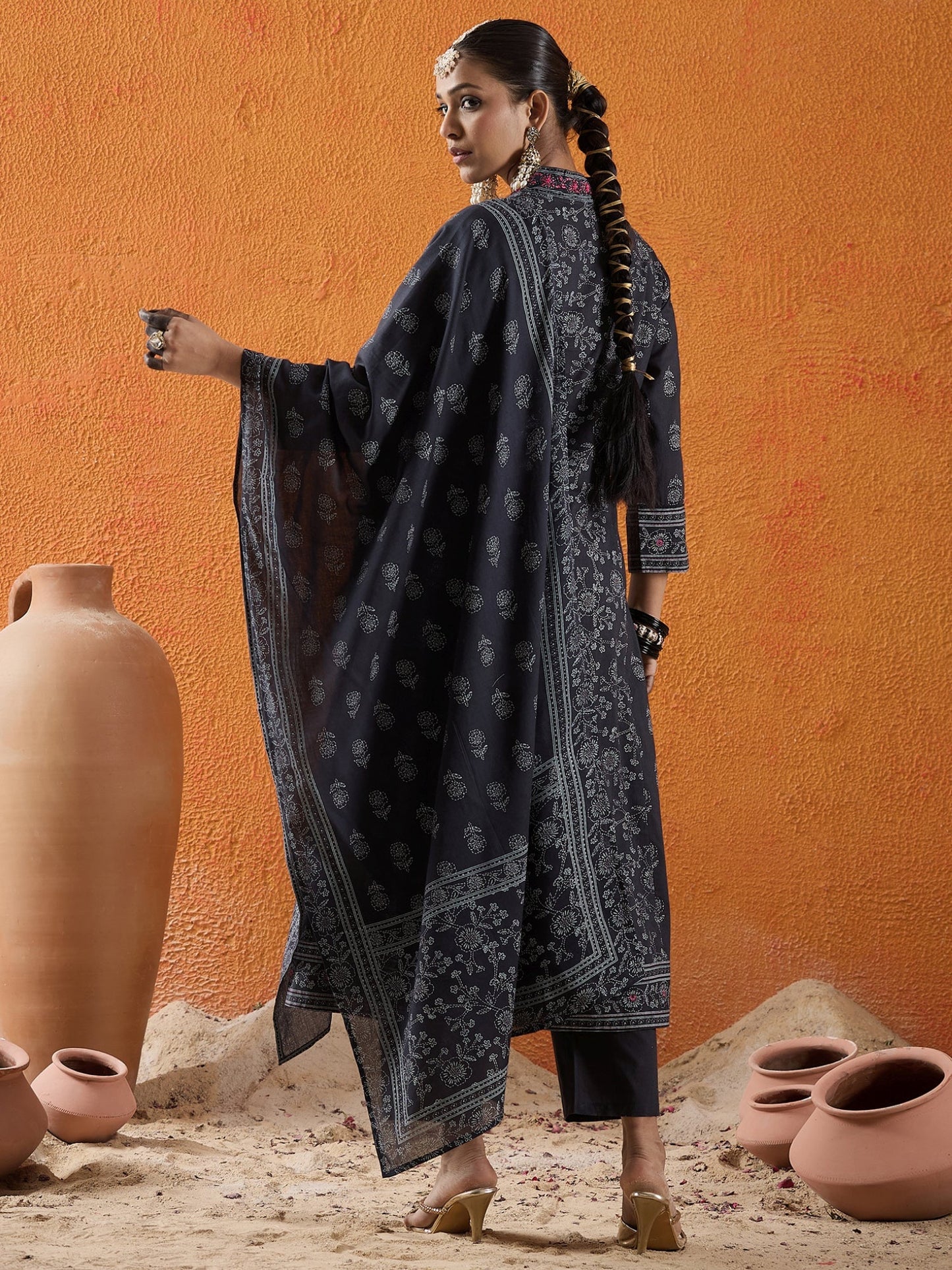 Black Printed A-Line Kurta Trousers With Dupatta Set