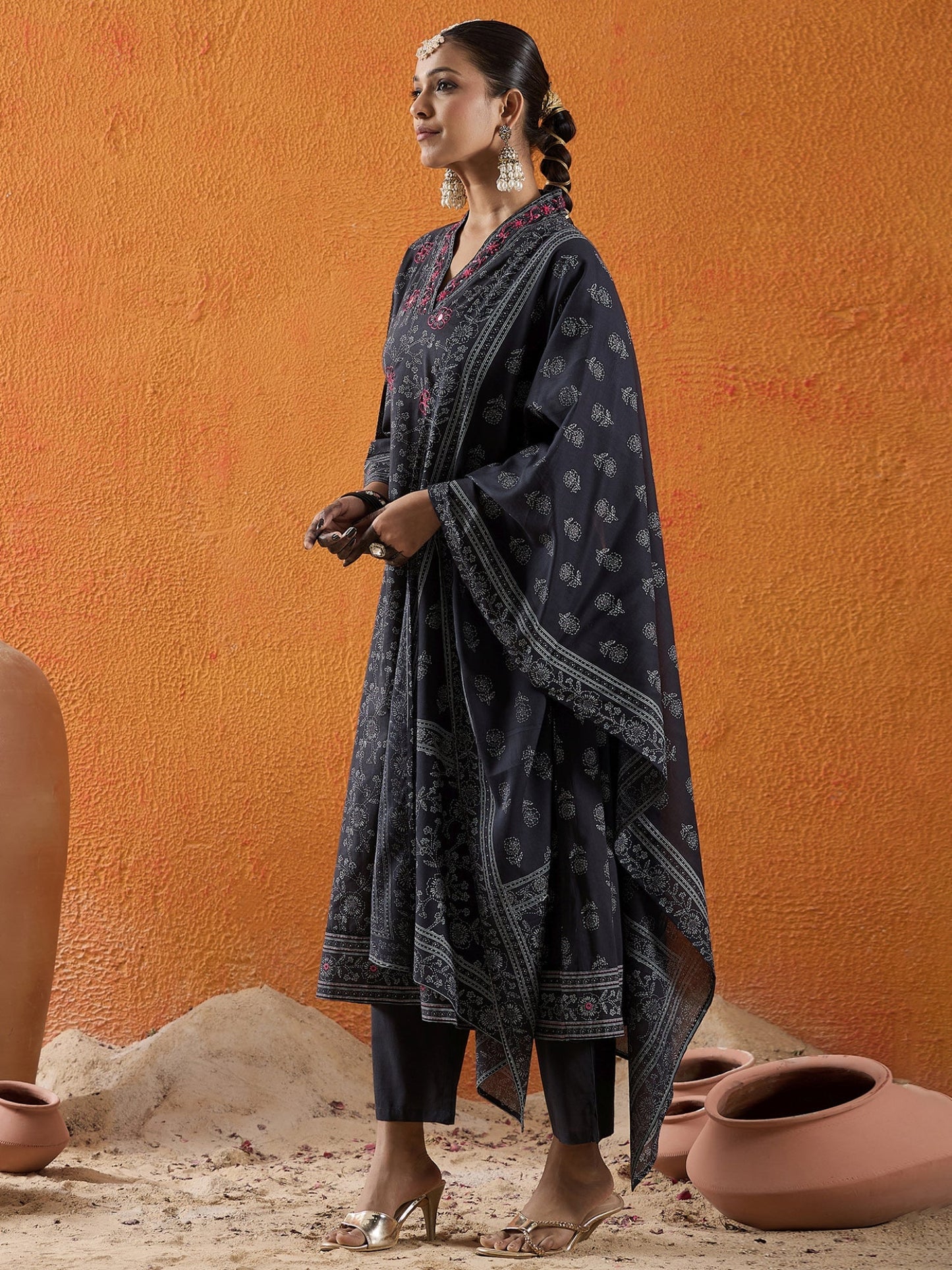 Black Printed A-Line Kurta Trousers With Dupatta Set