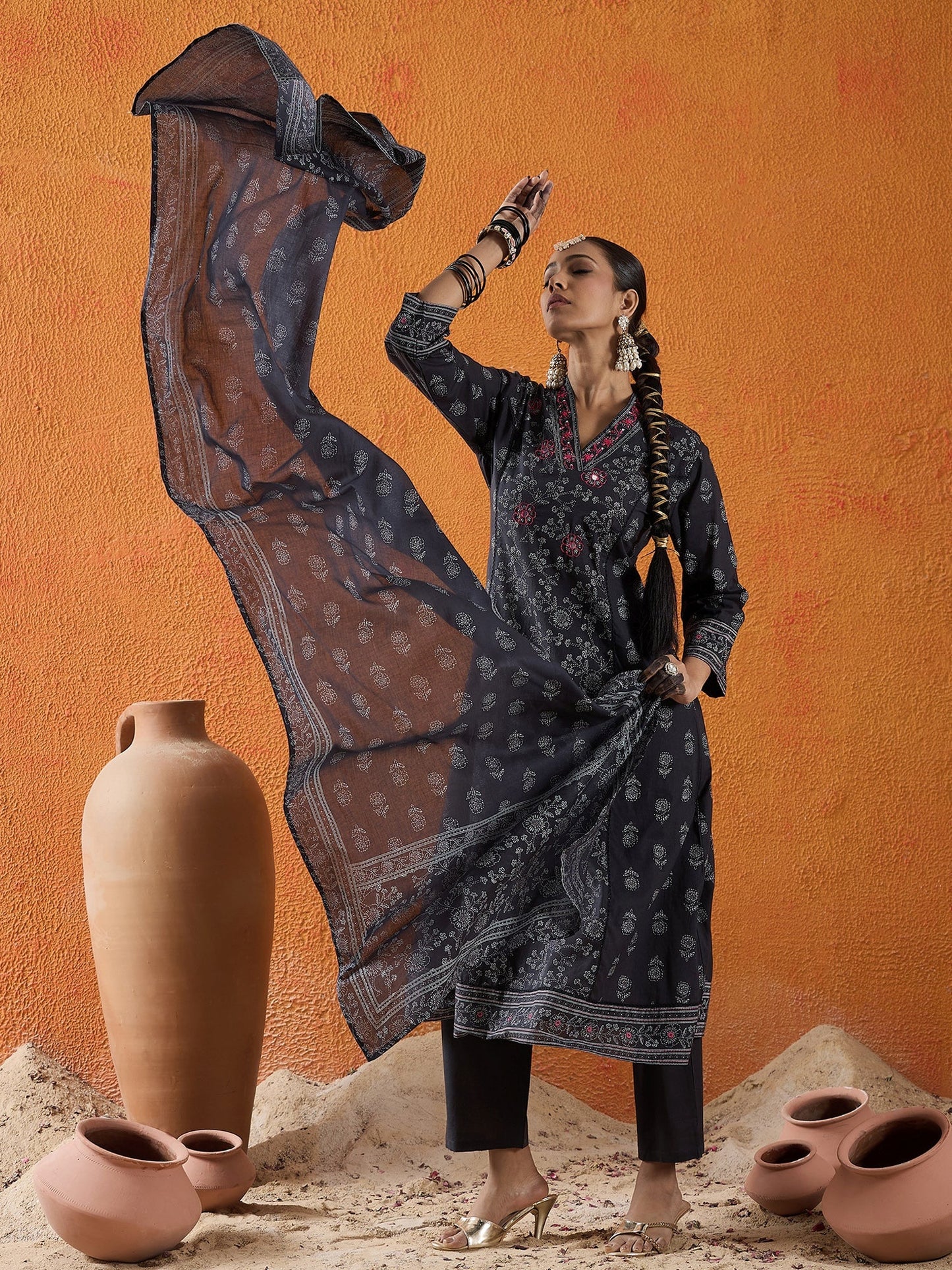 Black Printed A-Line Kurta Trousers With Dupatta Set