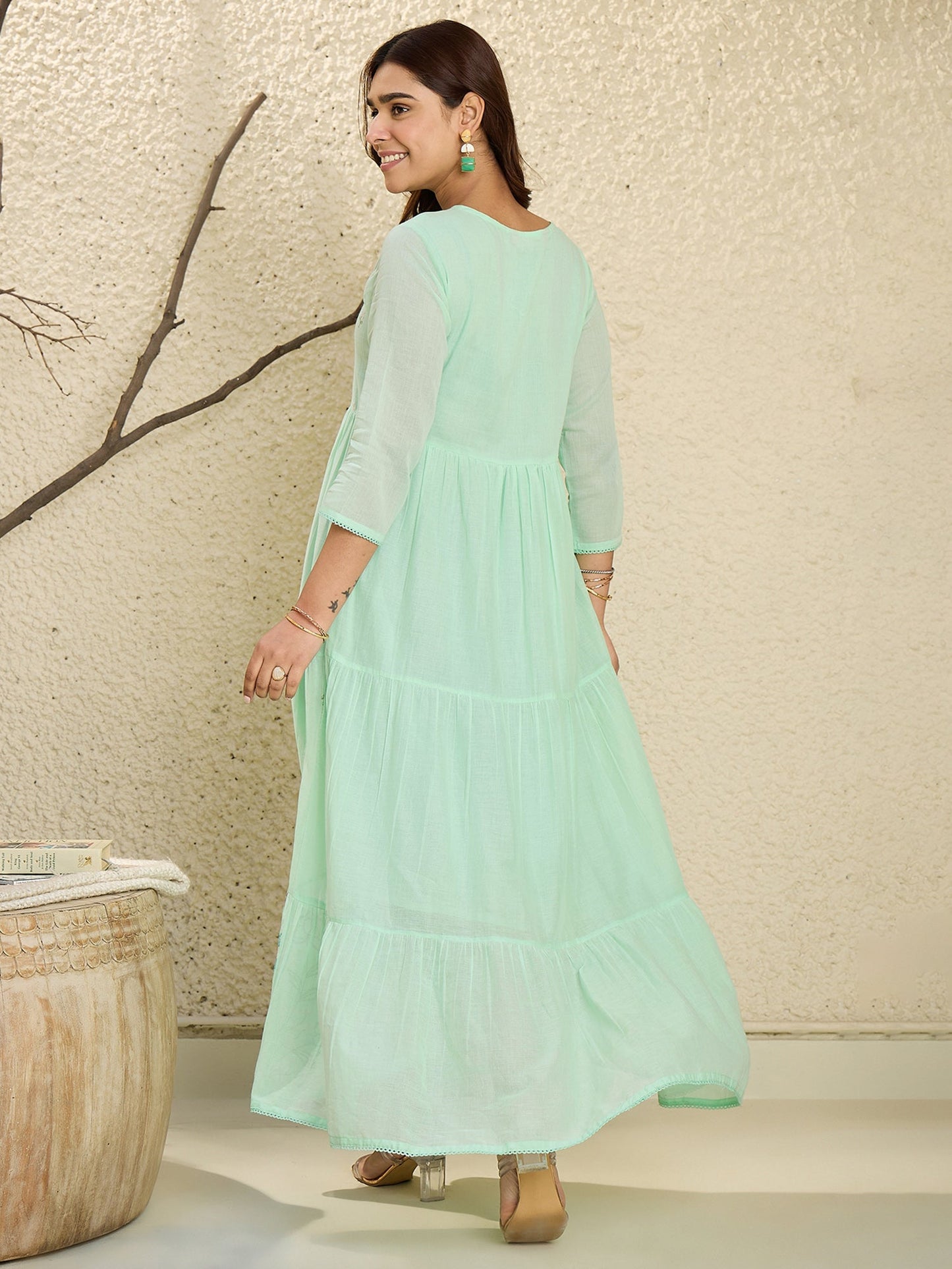 Green Embroidered A-Line Kurtas