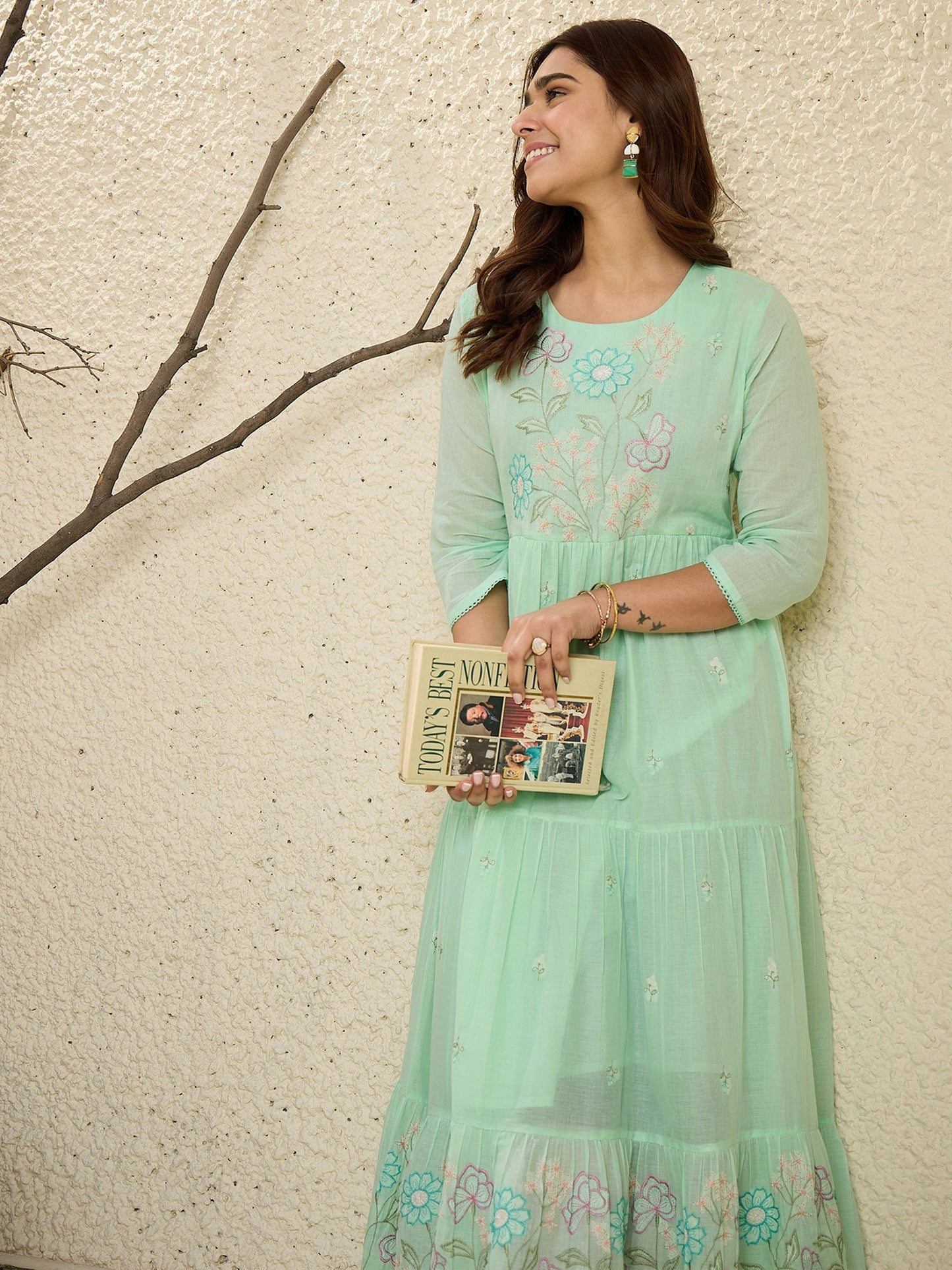 Green Embroidered A-Line Kurtas