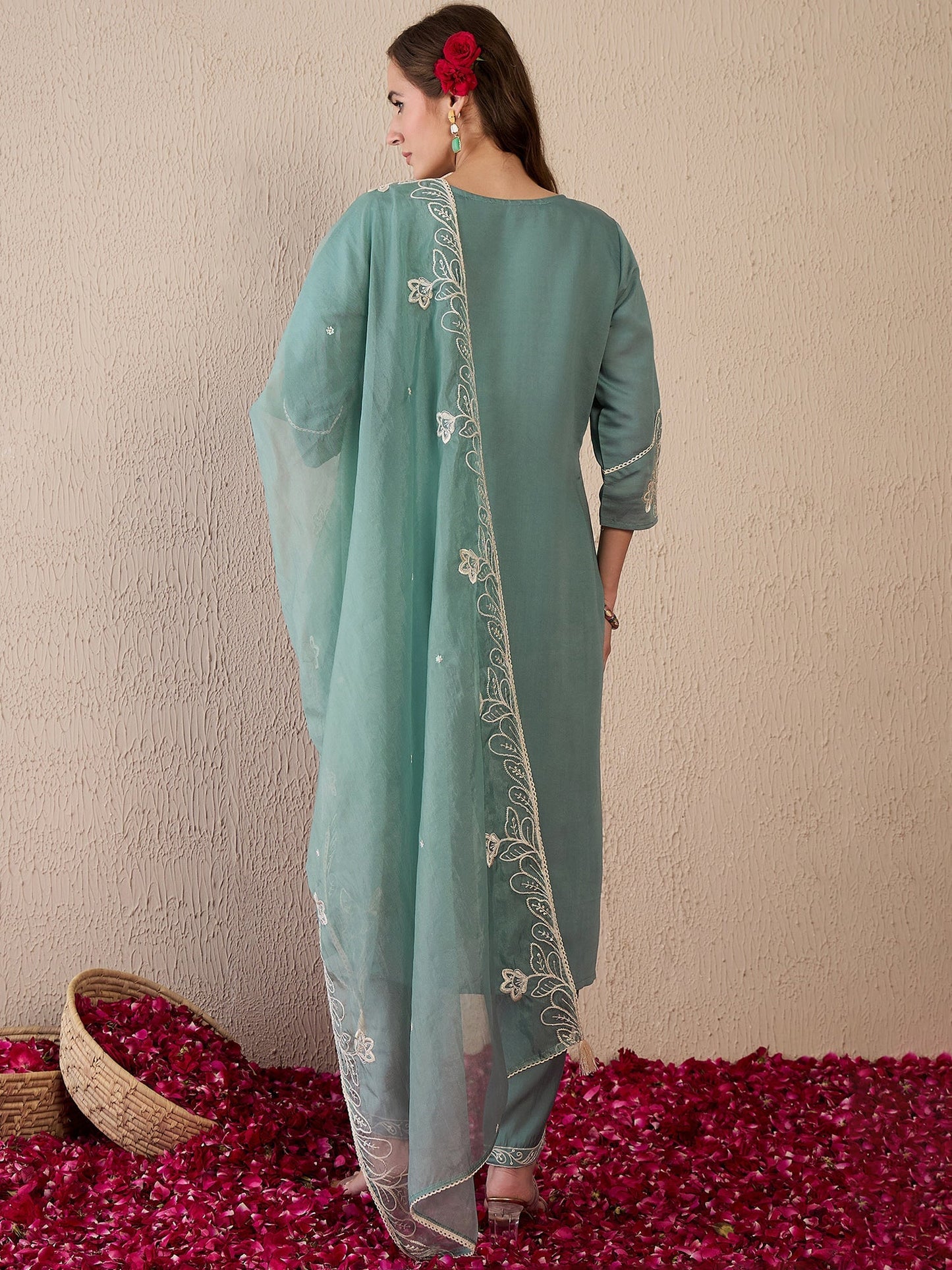Indo Era Green Embroidered Straight Kurta Trousers With Dupatta Set