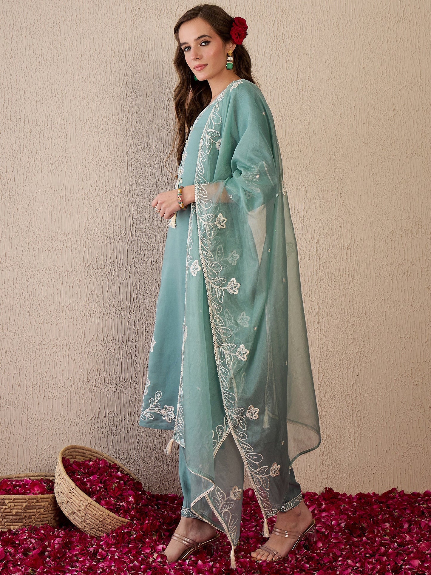 Indo Era Green Embroidered Straight Kurta Trousers With Dupatta Set
