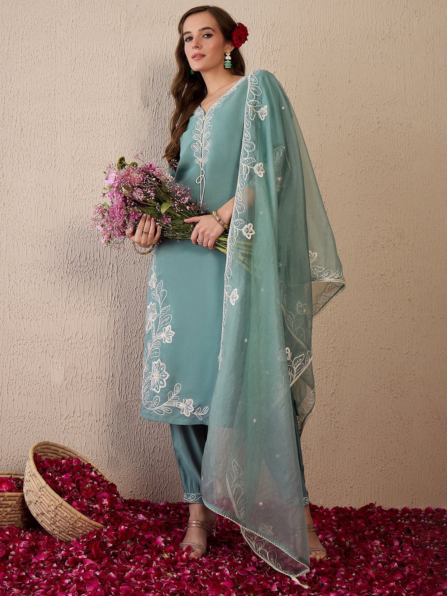 Indo Era Green Embroidered Straight Kurta Trousers With Dupatta Set