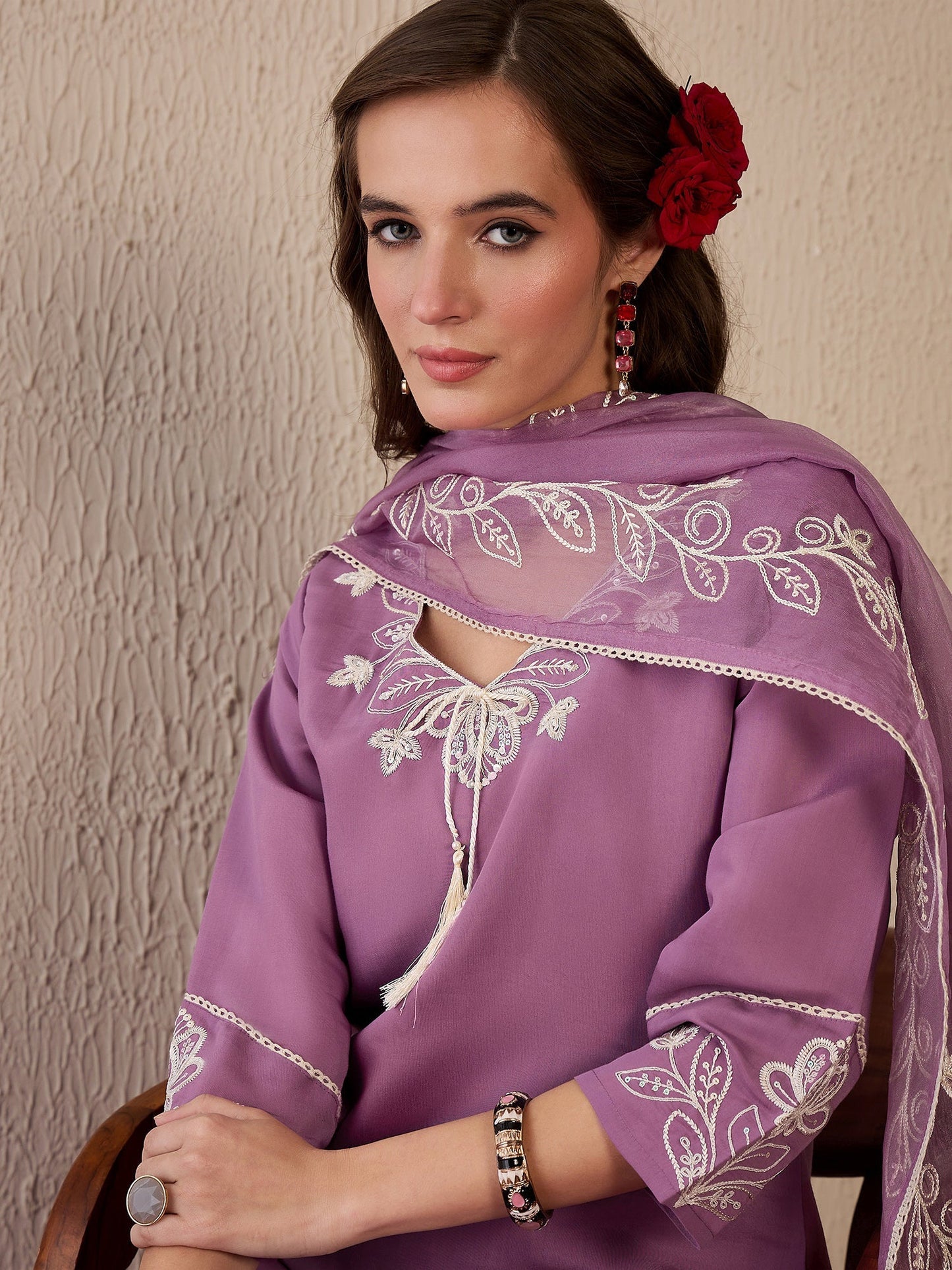 Indo Era Lavender Embroidered Straight Kurta Trousers With Dupatta Set