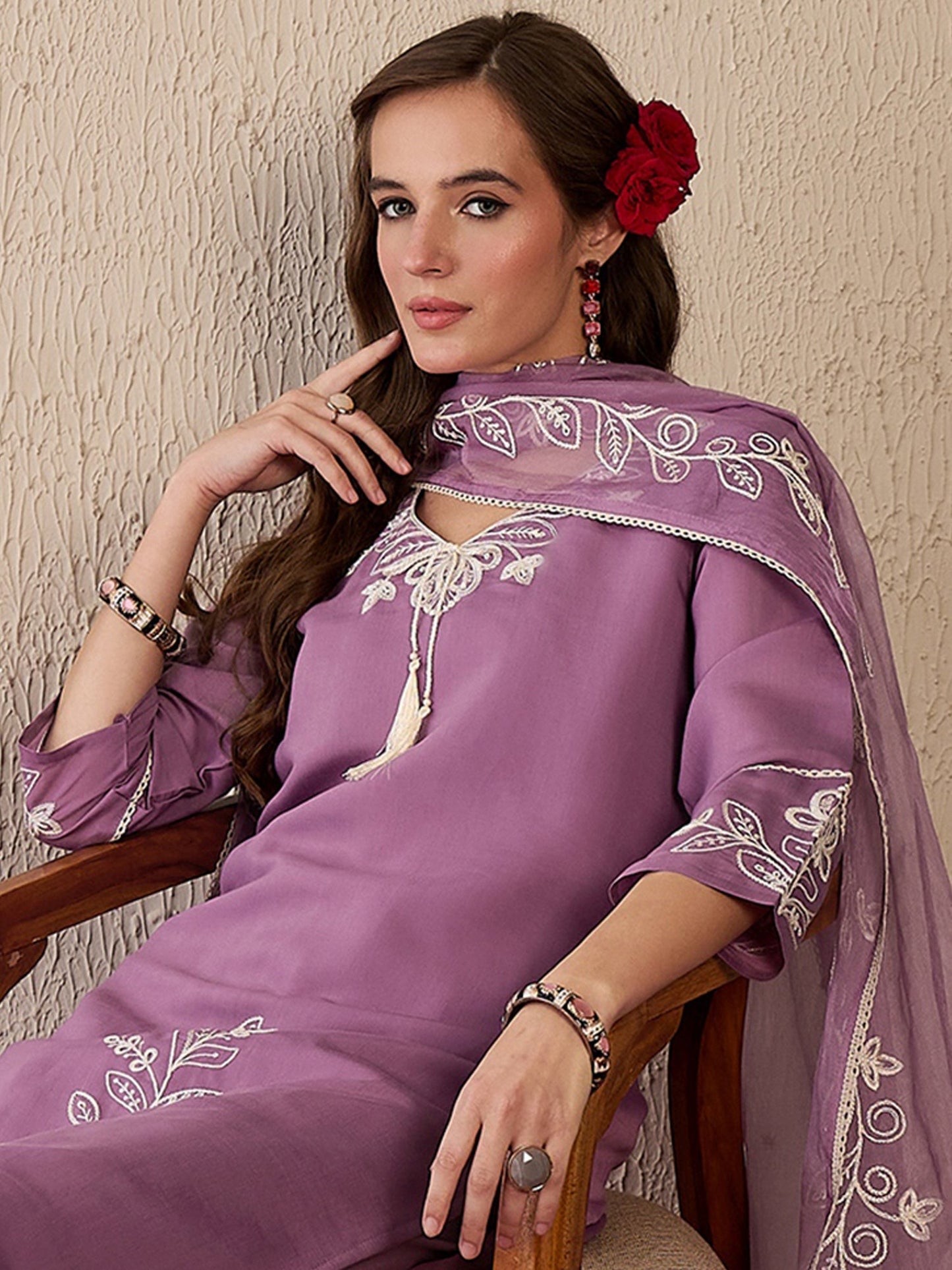 Indo Era Lavender Embroidered Straight Kurta Trousers With Dupatta Set
