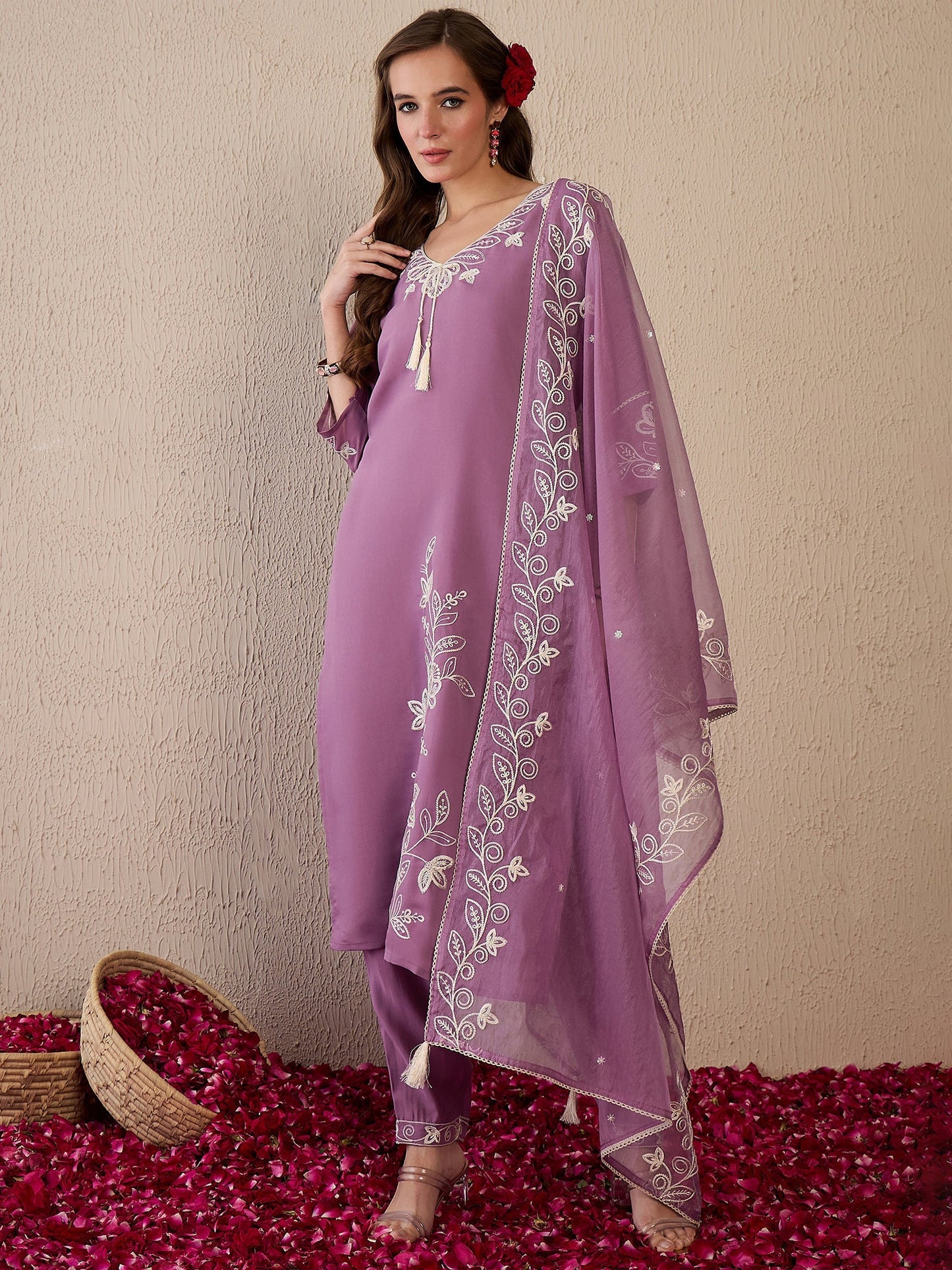 Indo Era Lavender Embroidered Straight Kurta Trousers With Dupatta Set