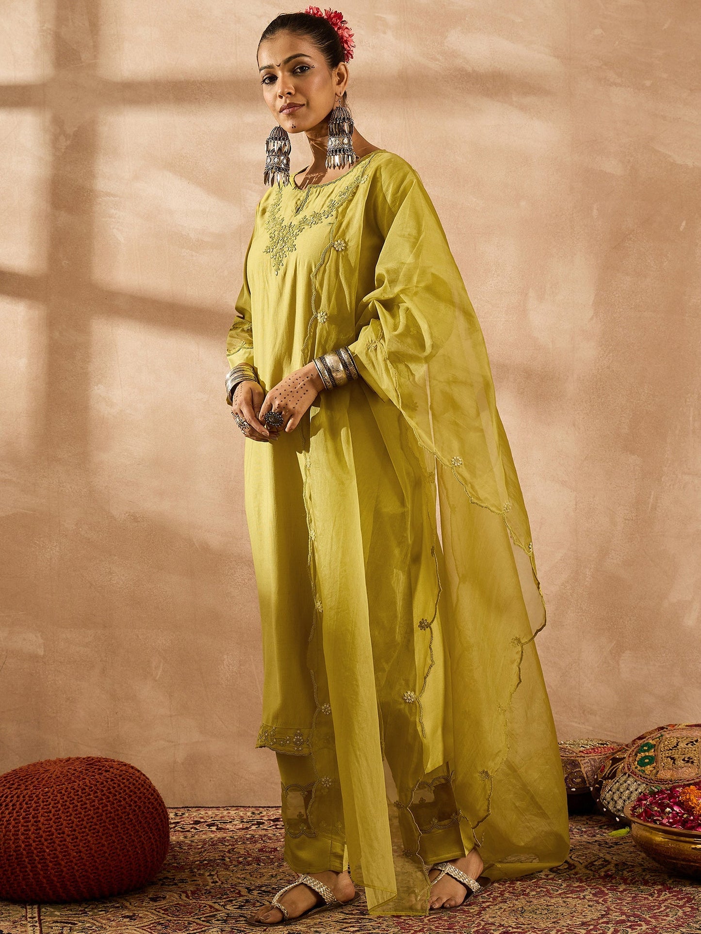 Green Embroidered Straight Kurta Trousers With Dupatta Set