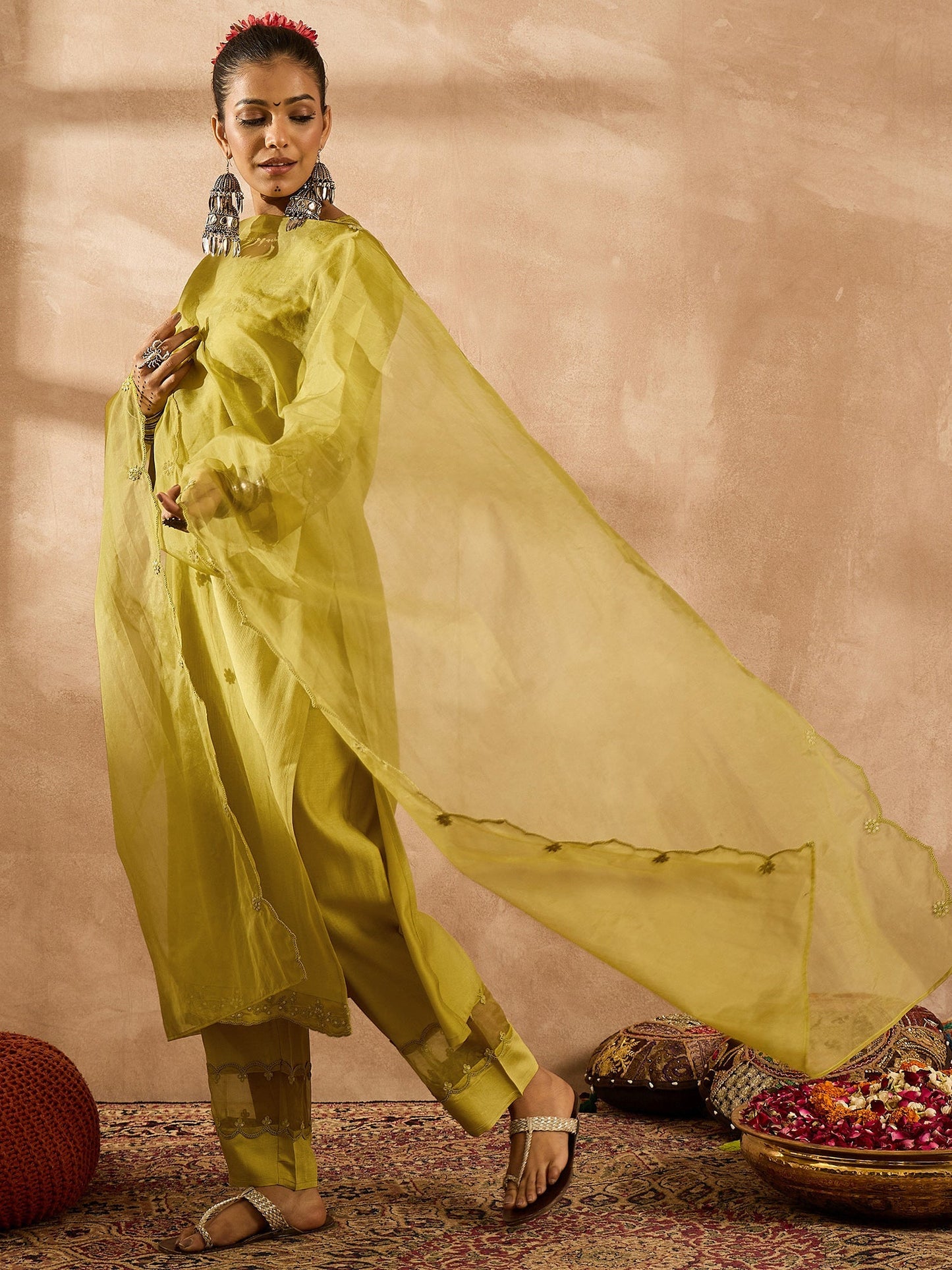 Green Embroidered Straight Kurta Trousers With Dupatta Set