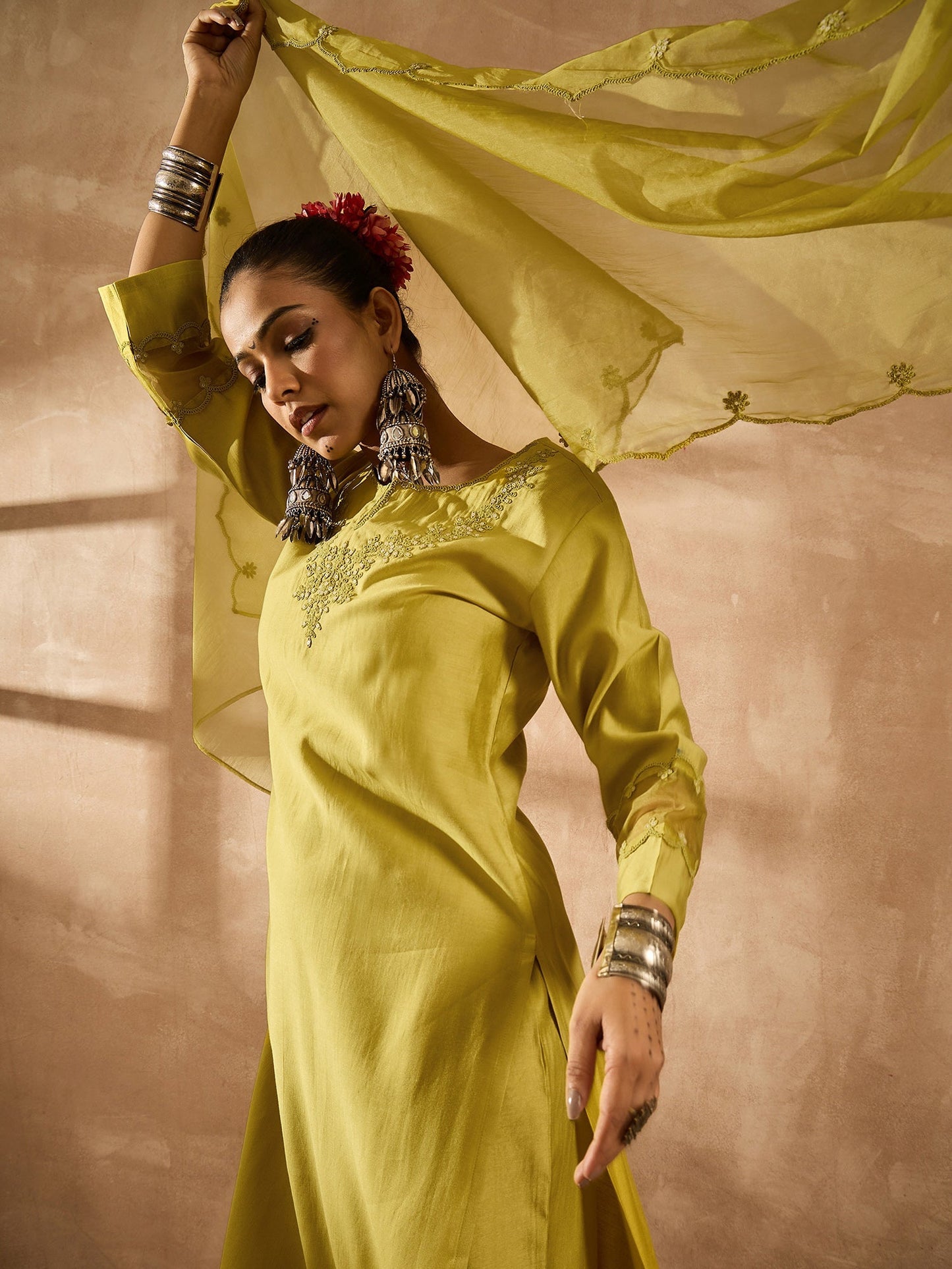 Green Embroidered Straight Kurta Trousers With Dupatta Set