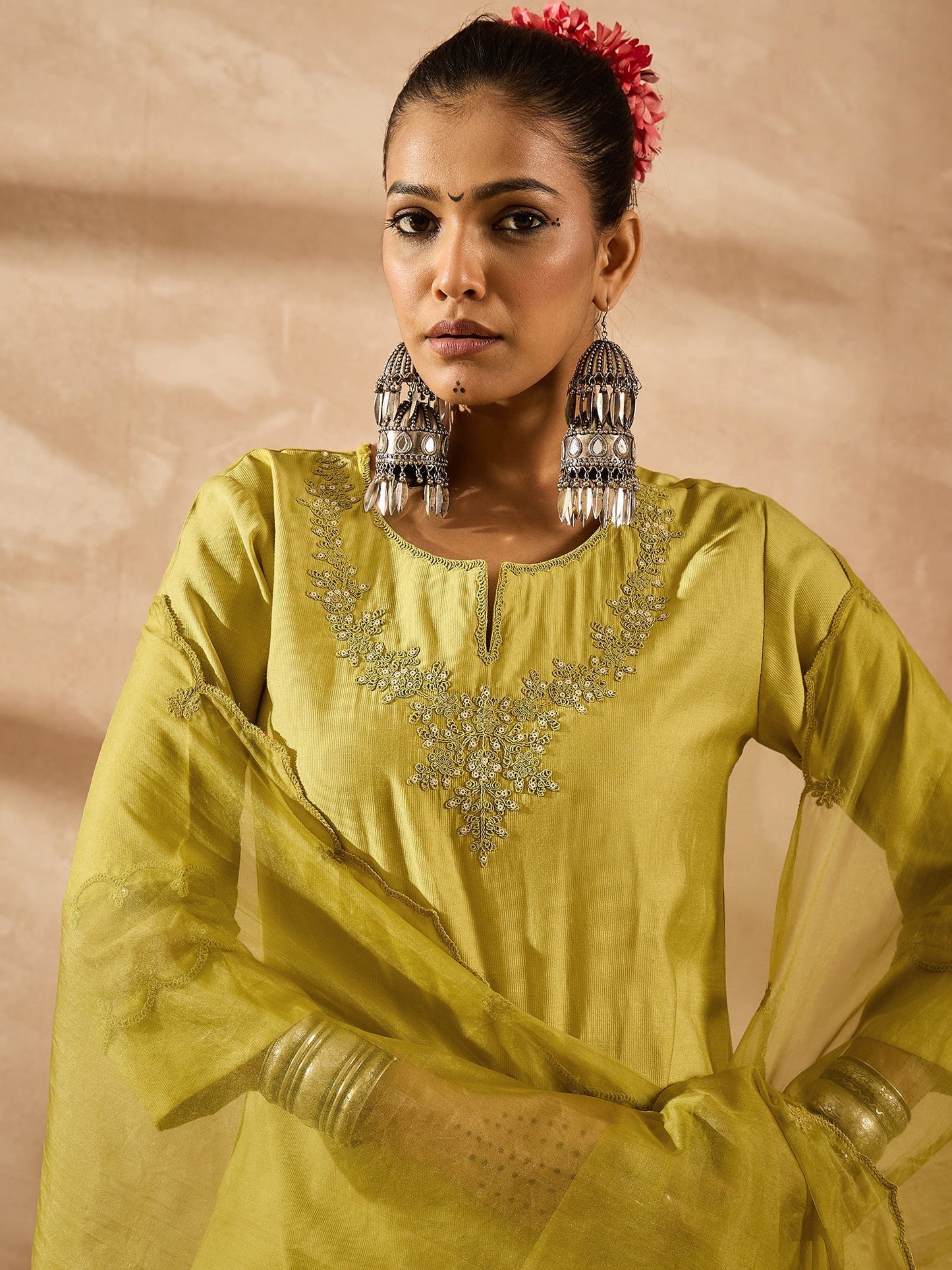 Green Embroidered Straight Kurta Trousers With Dupatta Set