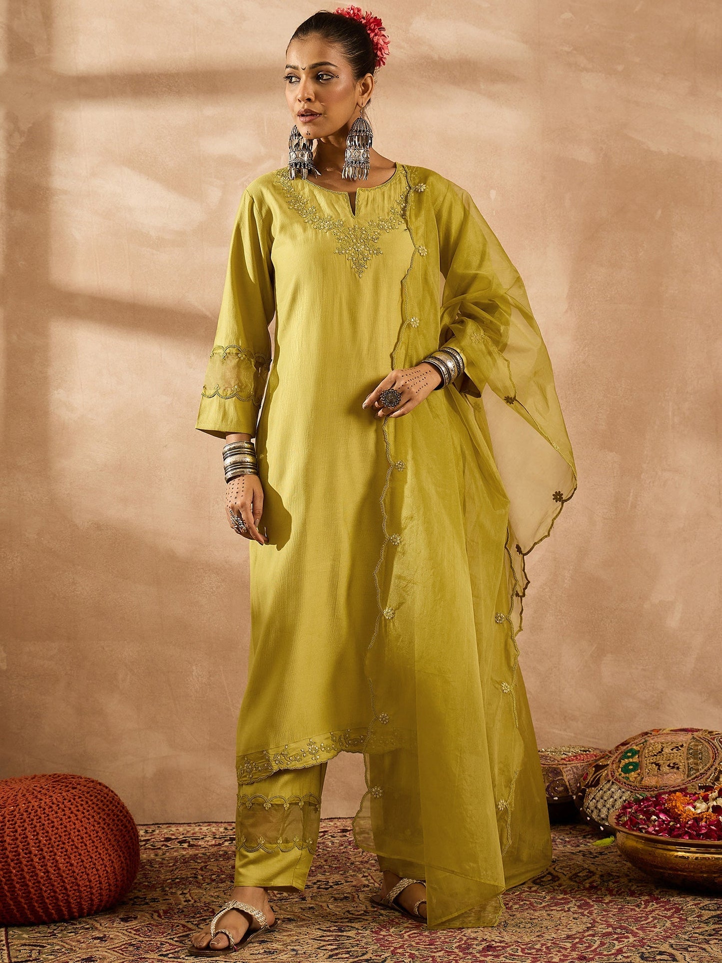 Green Embroidered Straight Kurta Trousers With Dupatta Set