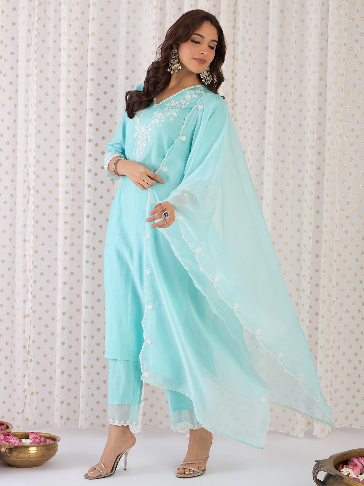 Blue Embroidered Straight Kurta Trousers With Dupatta Set