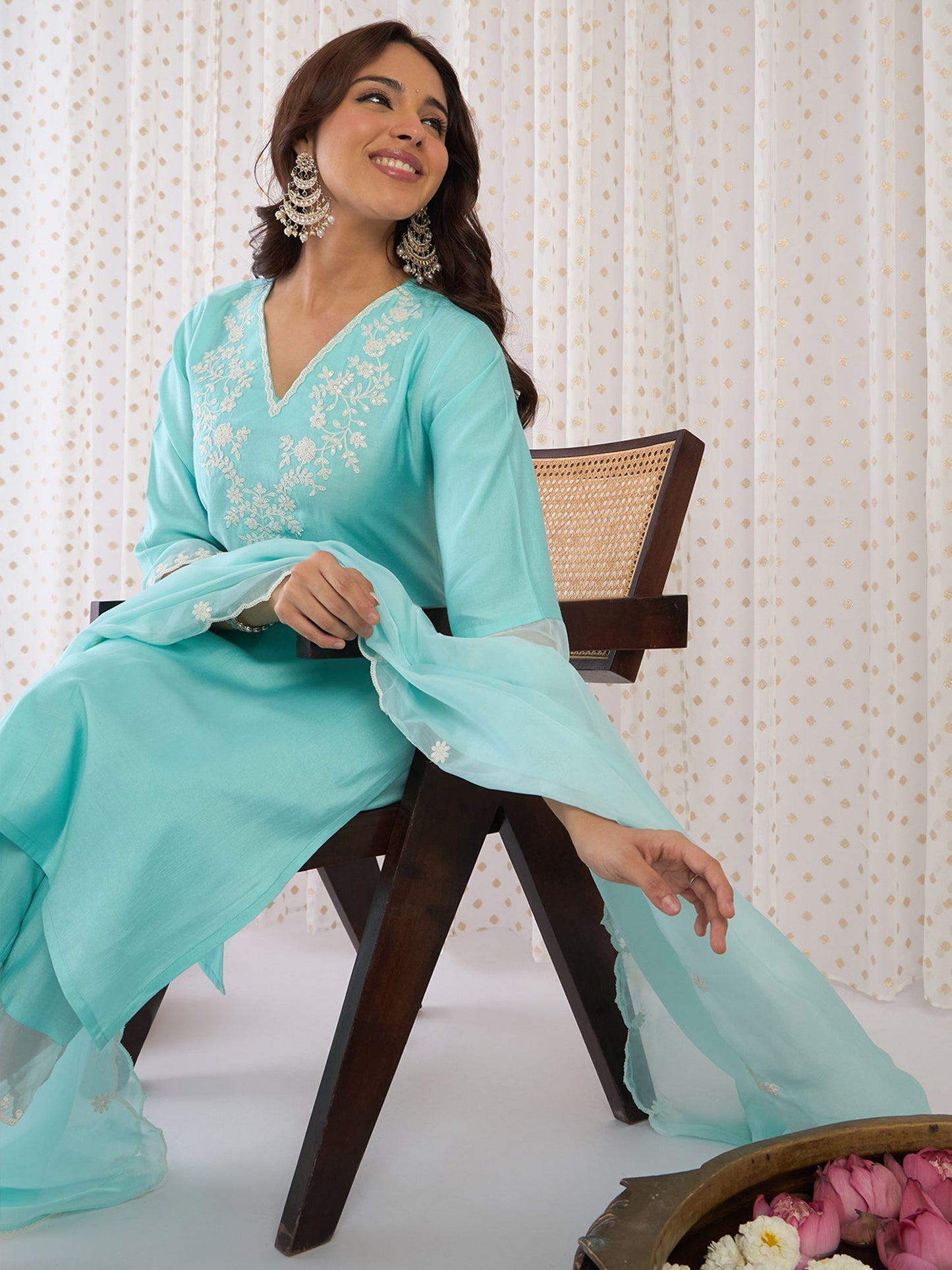 Blue Embroidered Straight Kurta Trousers With Dupatta Set