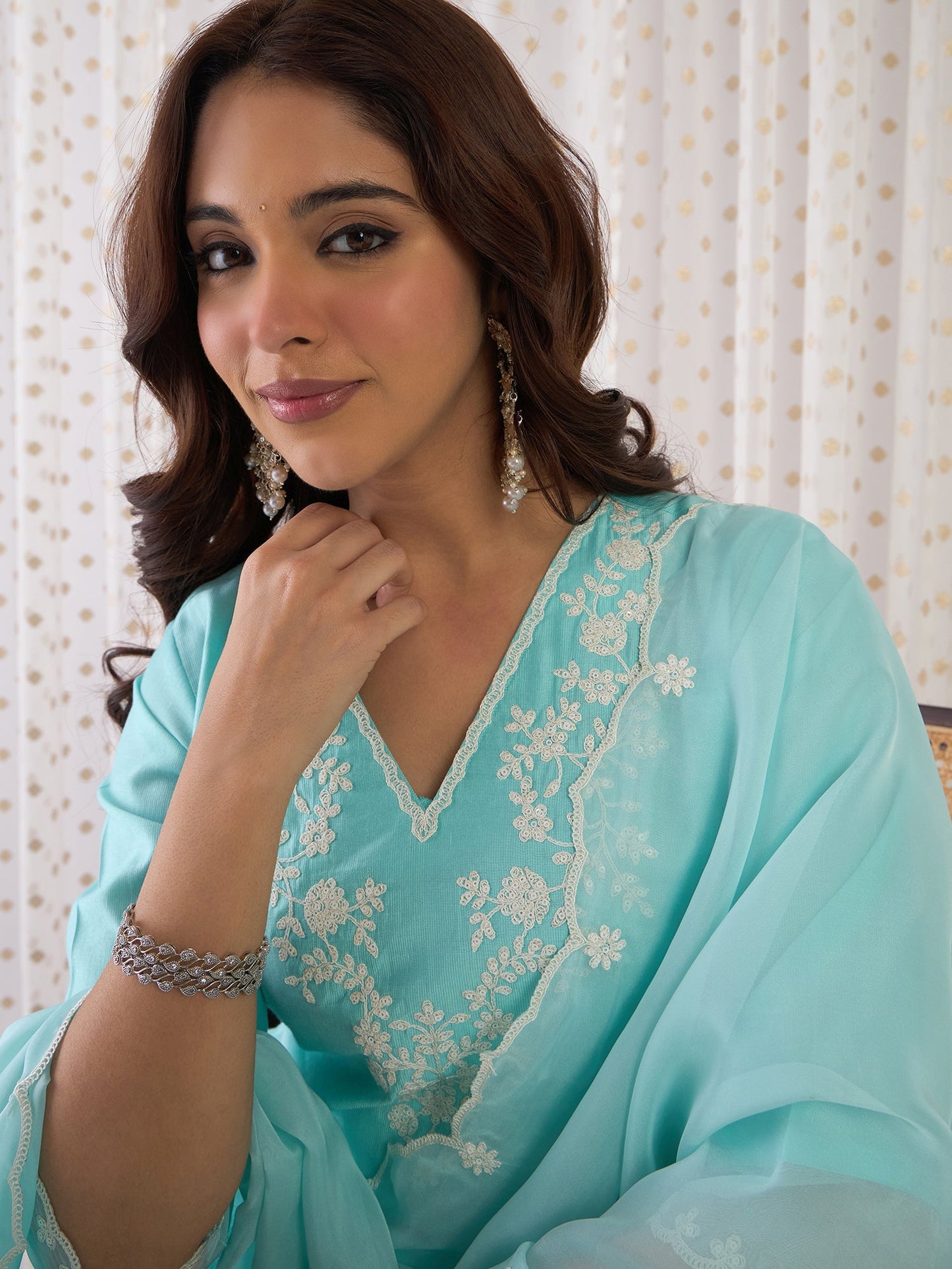 Blue Embroidered Straight Kurta Trousers With Dupatta Set