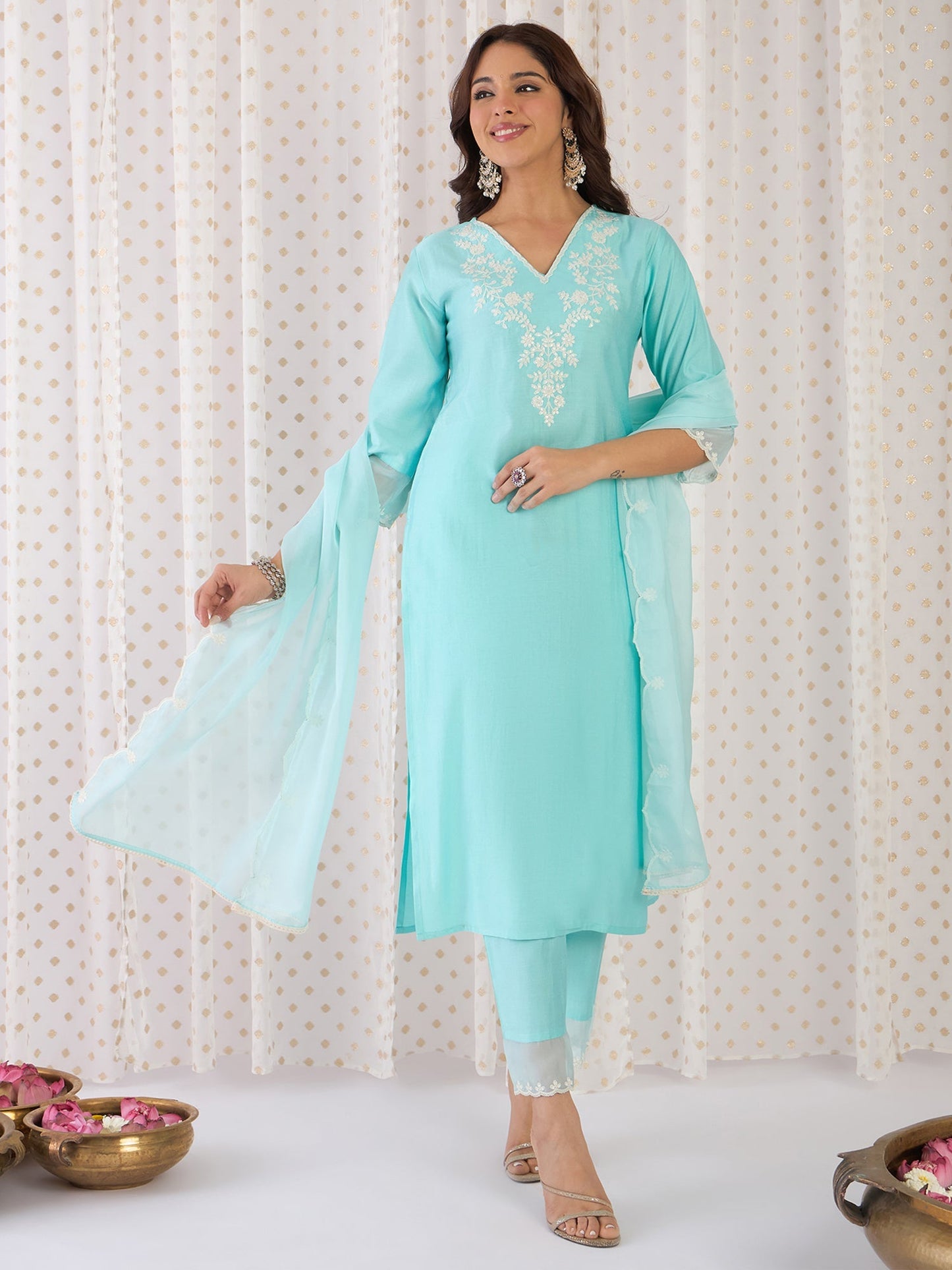 Blue Embroidered Straight Kurta Trousers With Dupatta Set