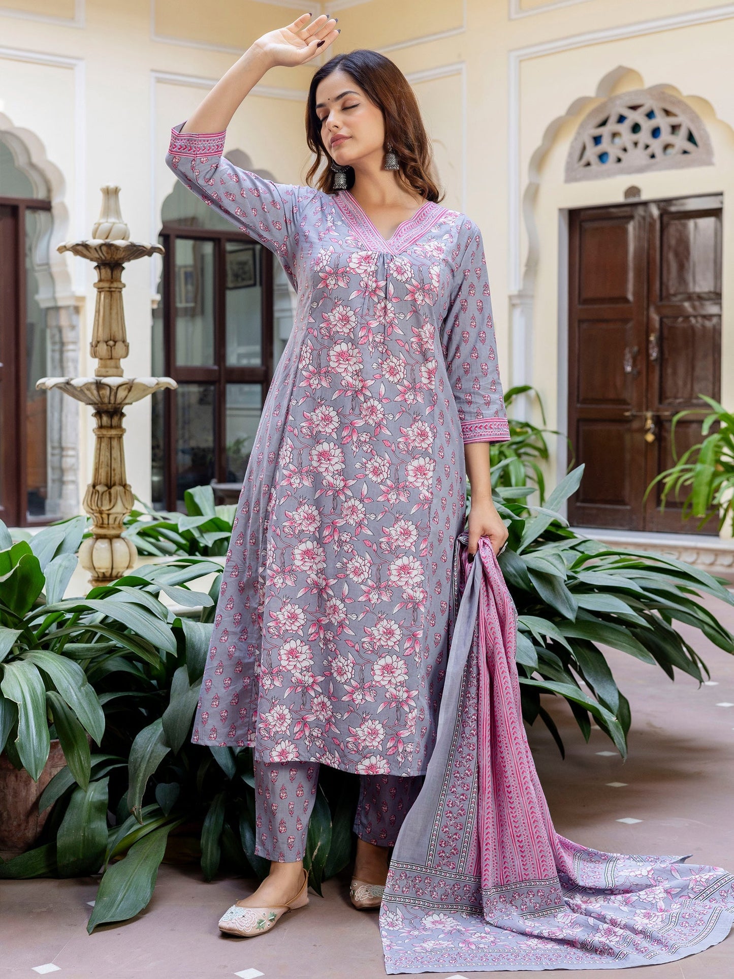 Grey Printed A-Line Kurta Trousers With Dupatta Set