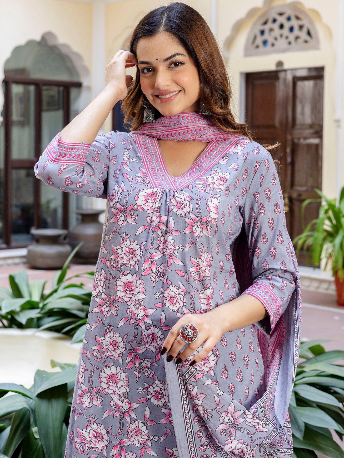 Grey Printed A-Line Kurta Trousers With Dupatta Set