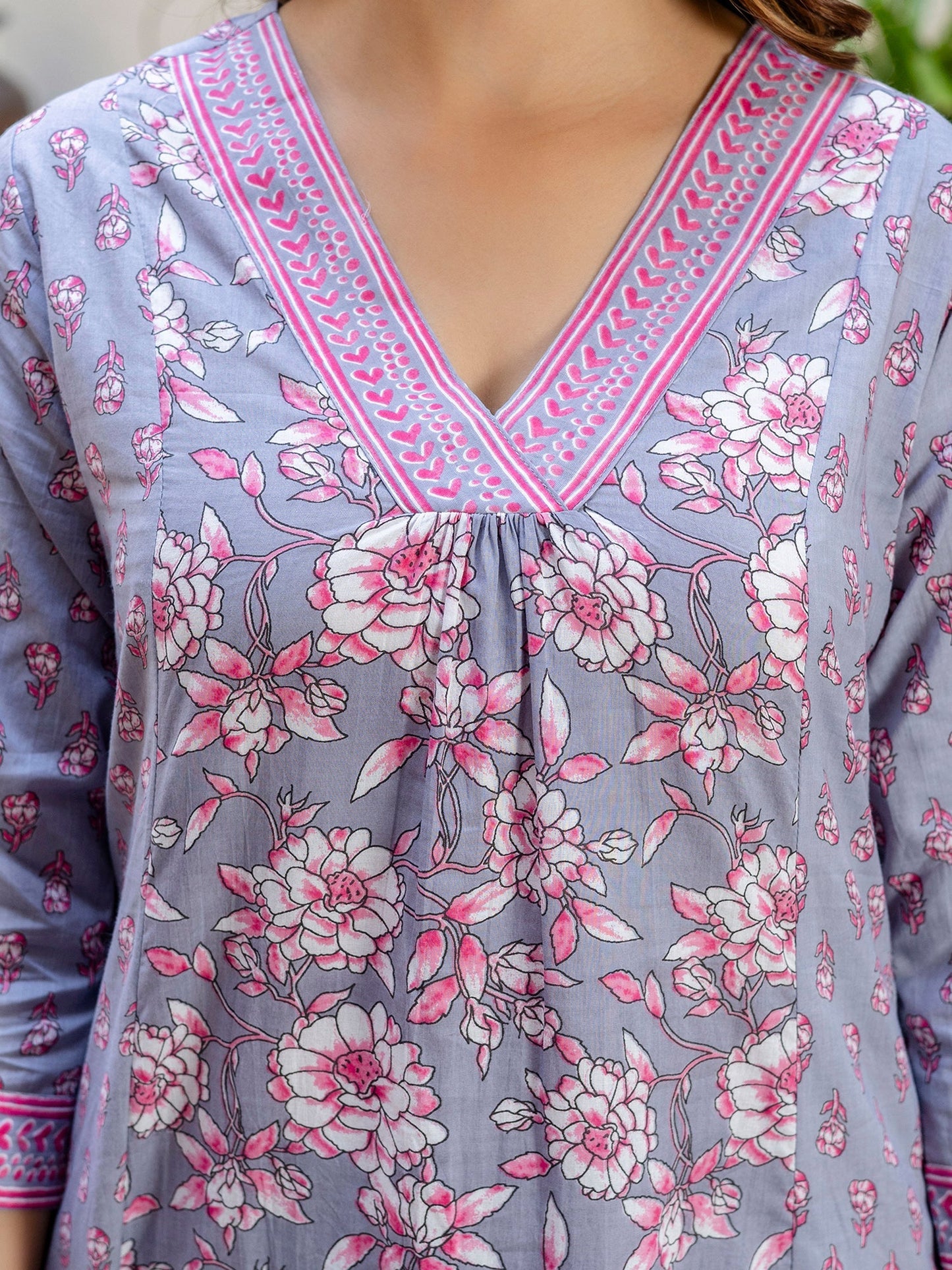 Grey Printed A-Line Kurta Trousers With Dupatta Set