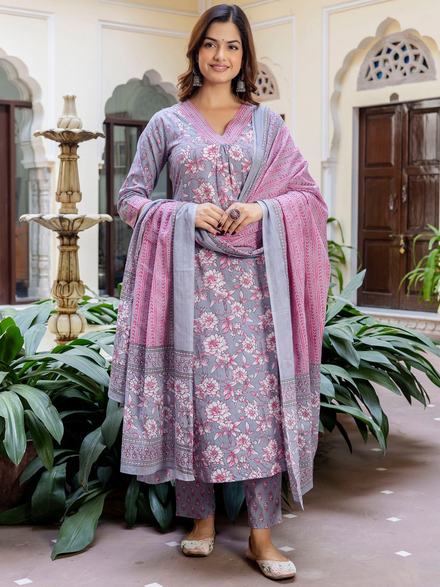Grey Printed A-Line Kurta Trousers With Dupatta Set