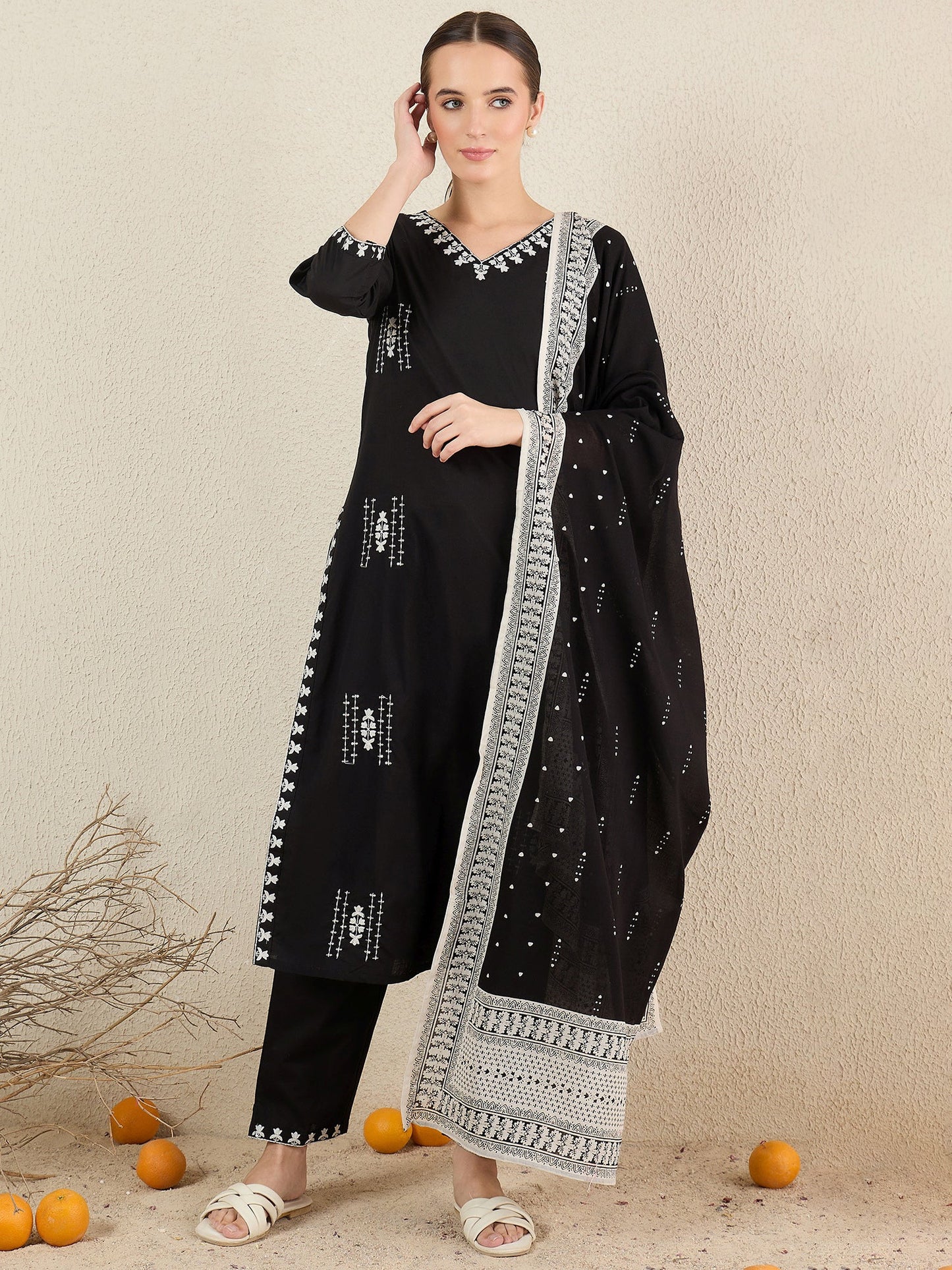 Black Embroidered Pure Cotton Straight Kurta Sets With Dupatta