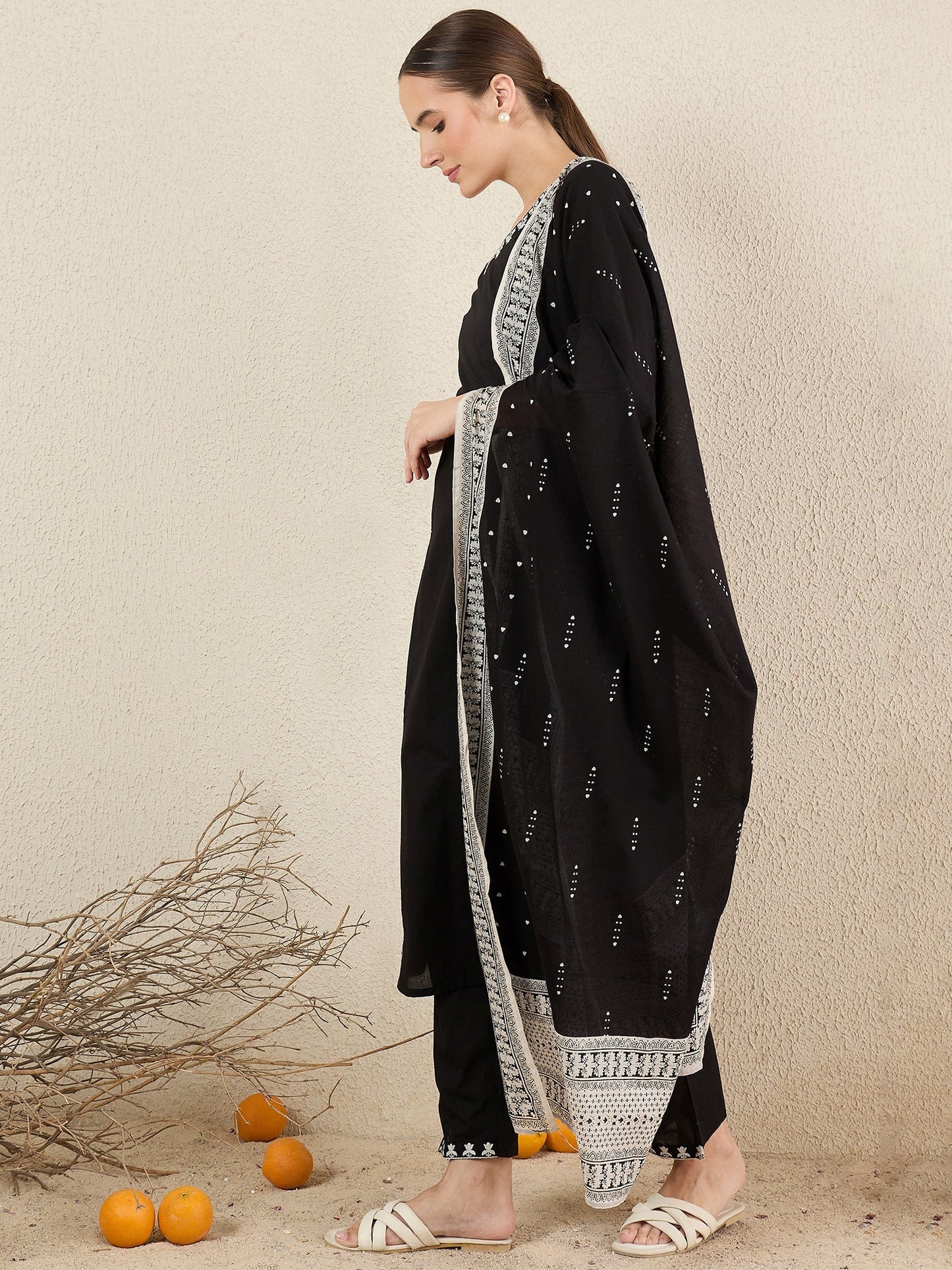 Black Embroidered Pure Cotton Straight Kurta Sets With Dupatta
