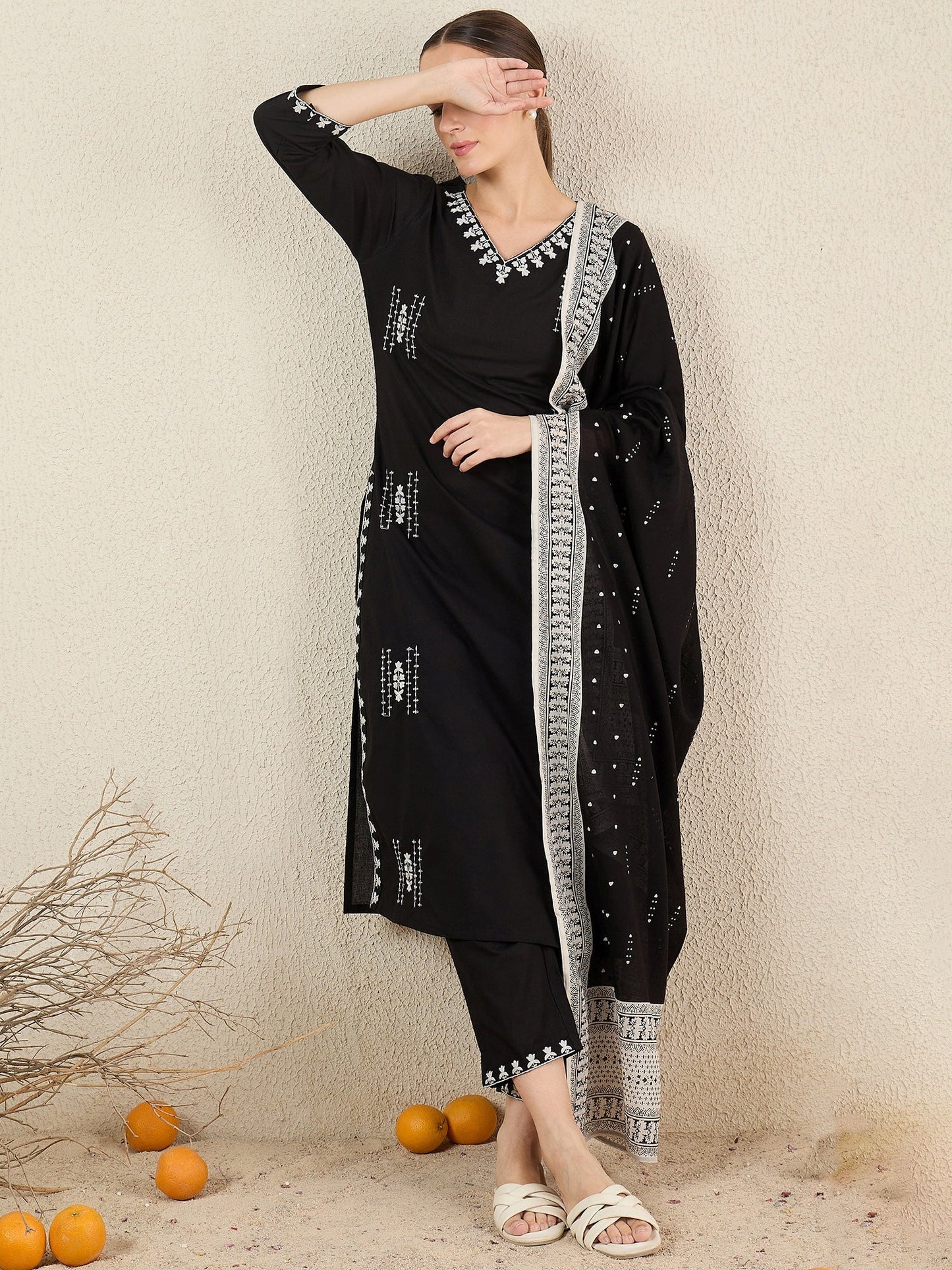 Black Embroidered Pure Cotton Straight Kurta Sets With Dupatta