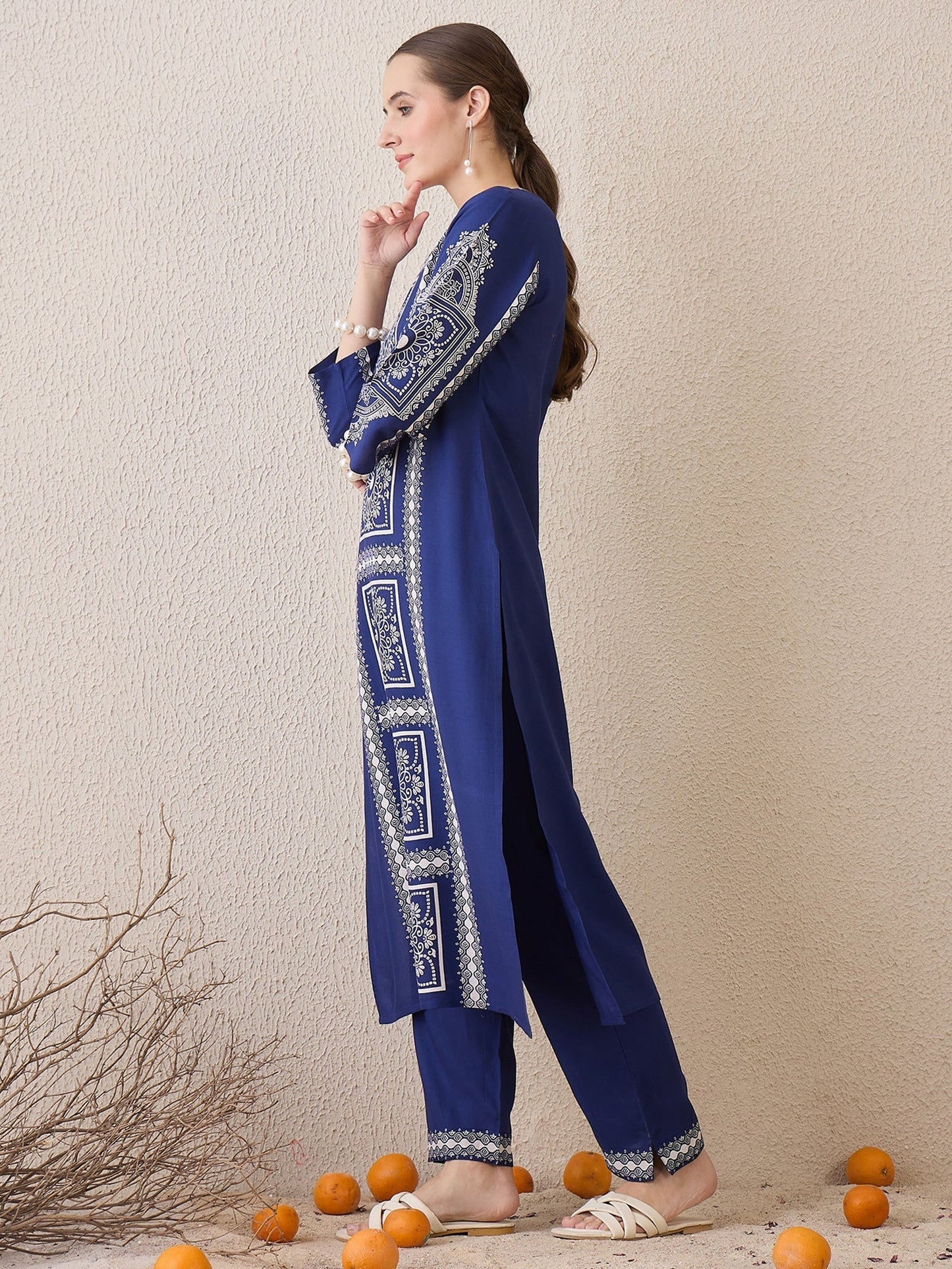 Blue Printed Straight Kurta Trousers Set