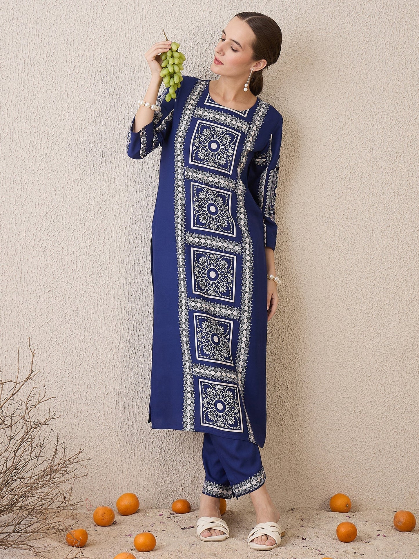 Blue Printed Straight Kurta Trousers Set