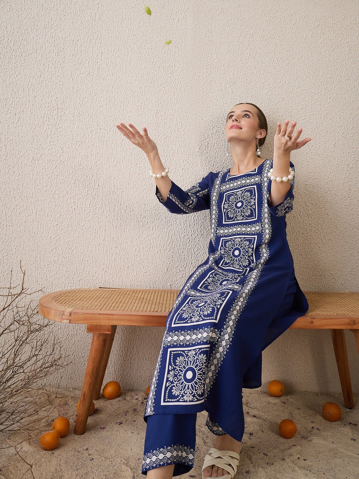 Blue Printed Straight Kurta Trousers Set