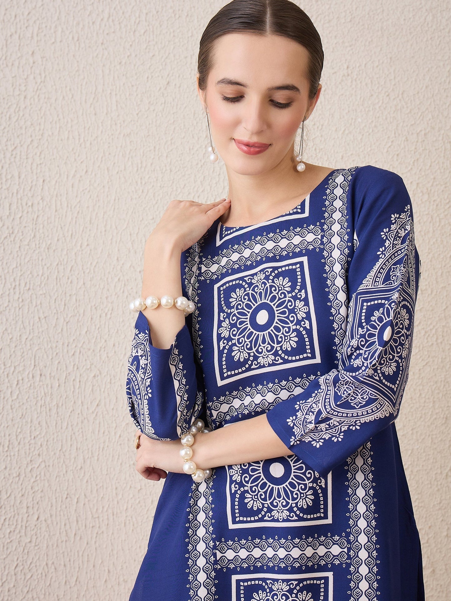 Blue Printed Straight Kurta Trousers Set