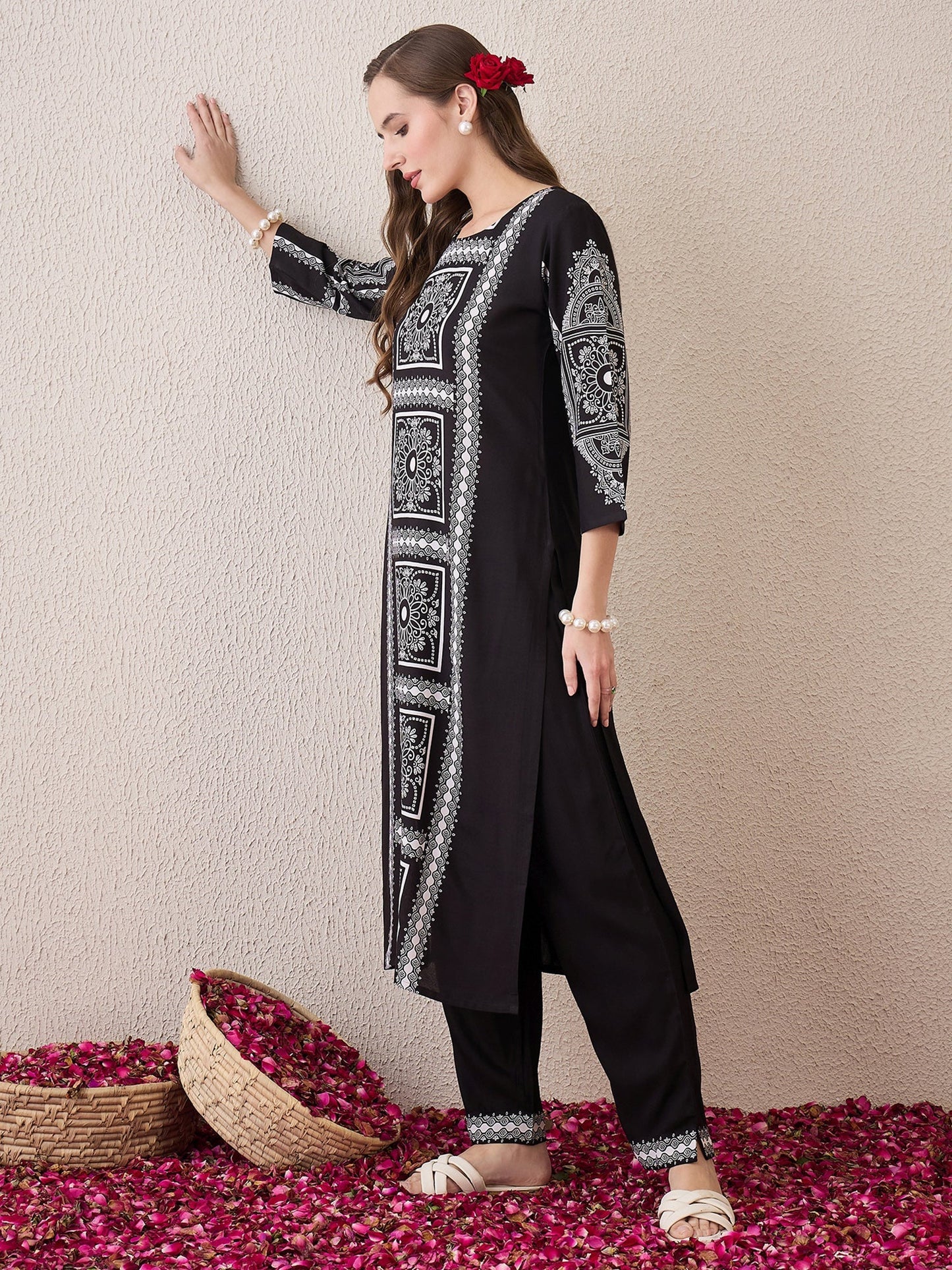 Black Printed Straight Kurta Trousers Set