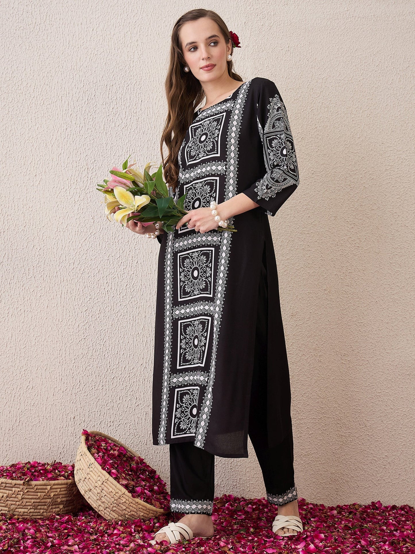 Black Printed Straight Kurta Trousers Set