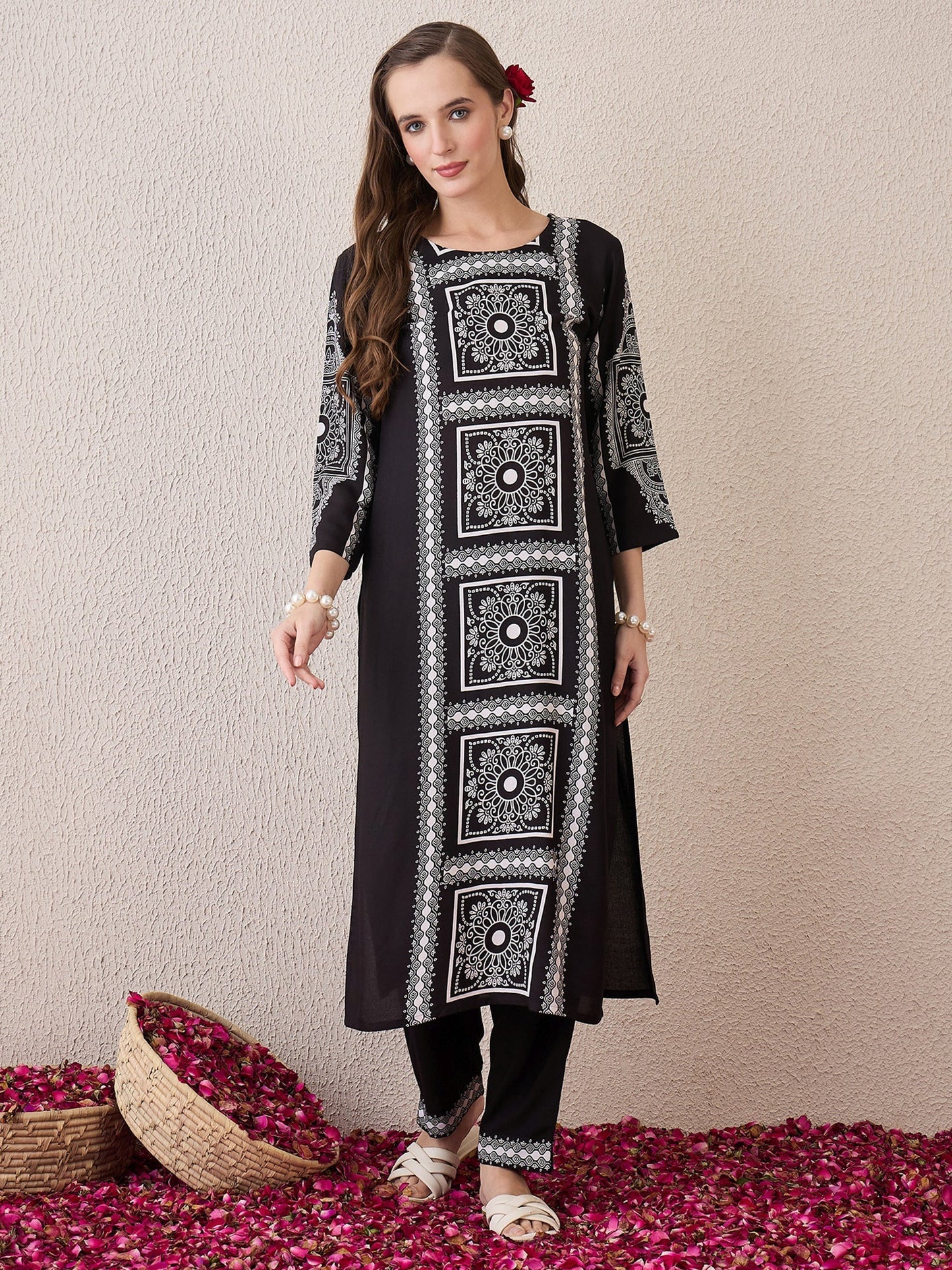 Black Printed Straight Kurta Trousers Set