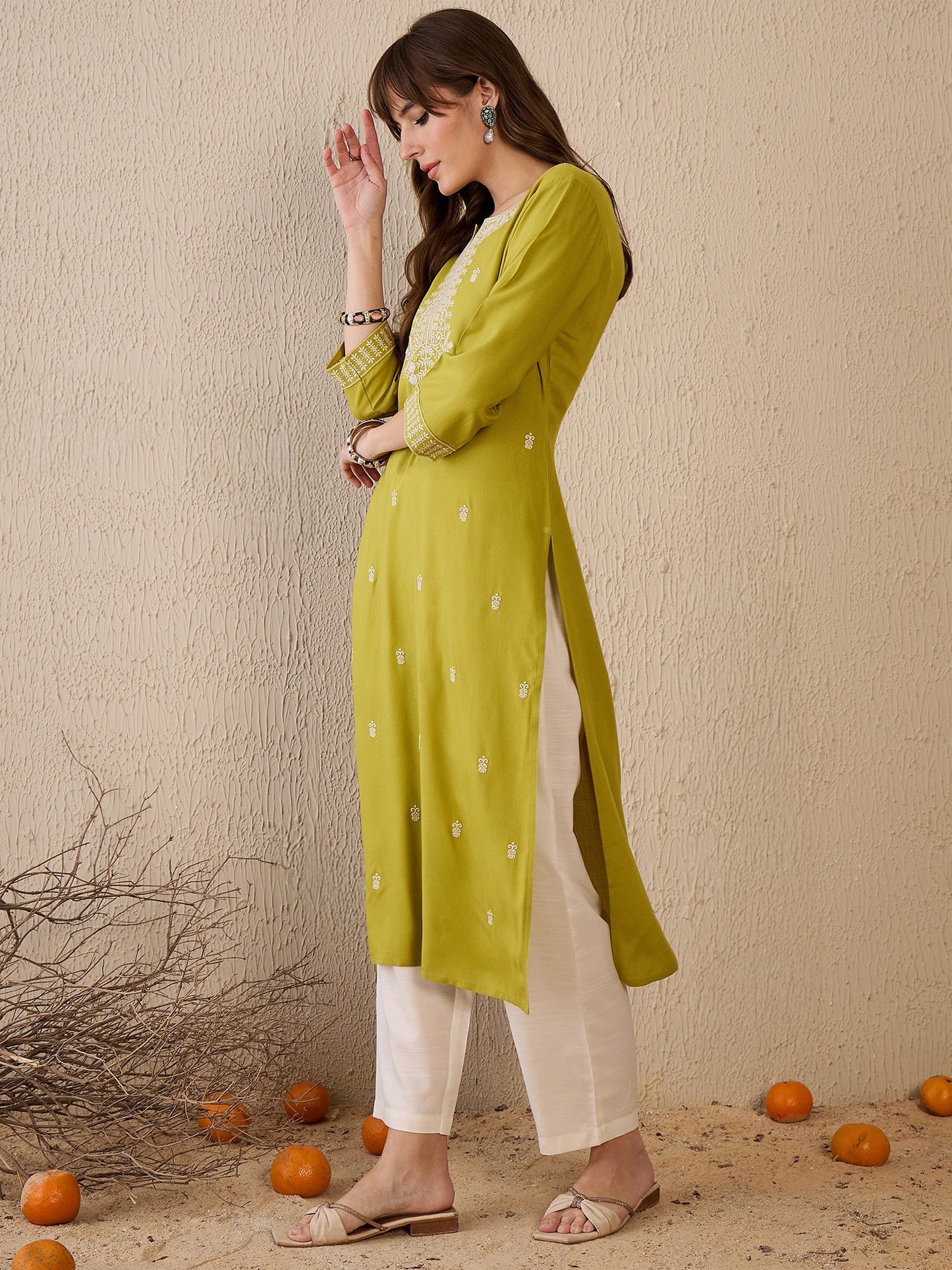 Indo Era Green Embroidered Straight Kurtas