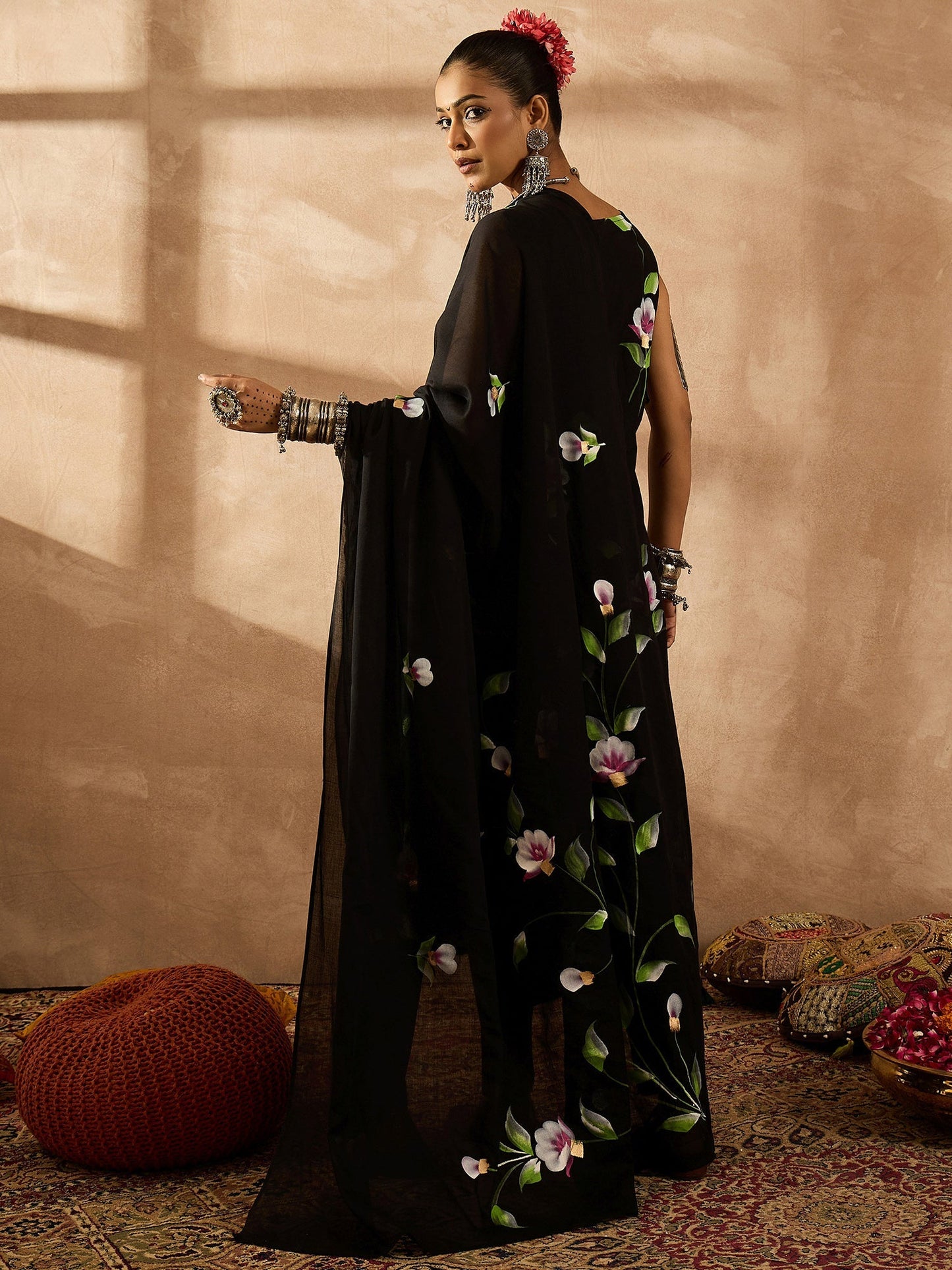 Black Printed Straight Kurta Trousers With Dupatta Set