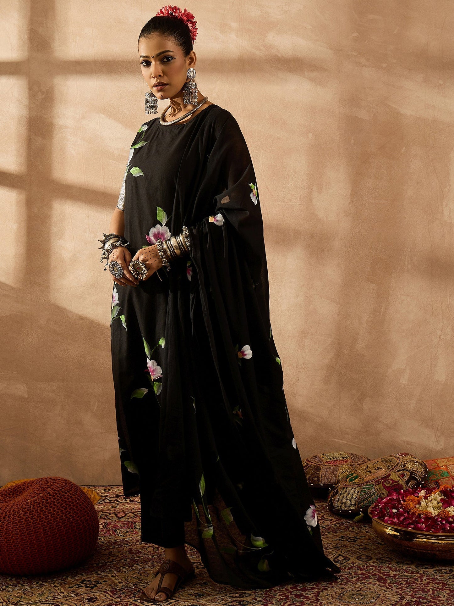 Black Printed Straight Kurta Trousers With Dupatta Set