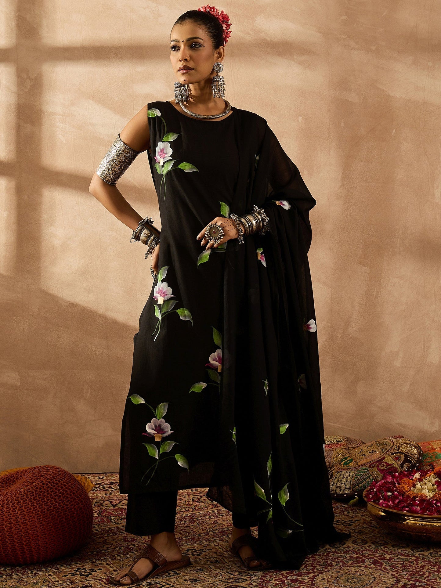 Black Printed Straight Kurta Trousers With Dupatta Set
