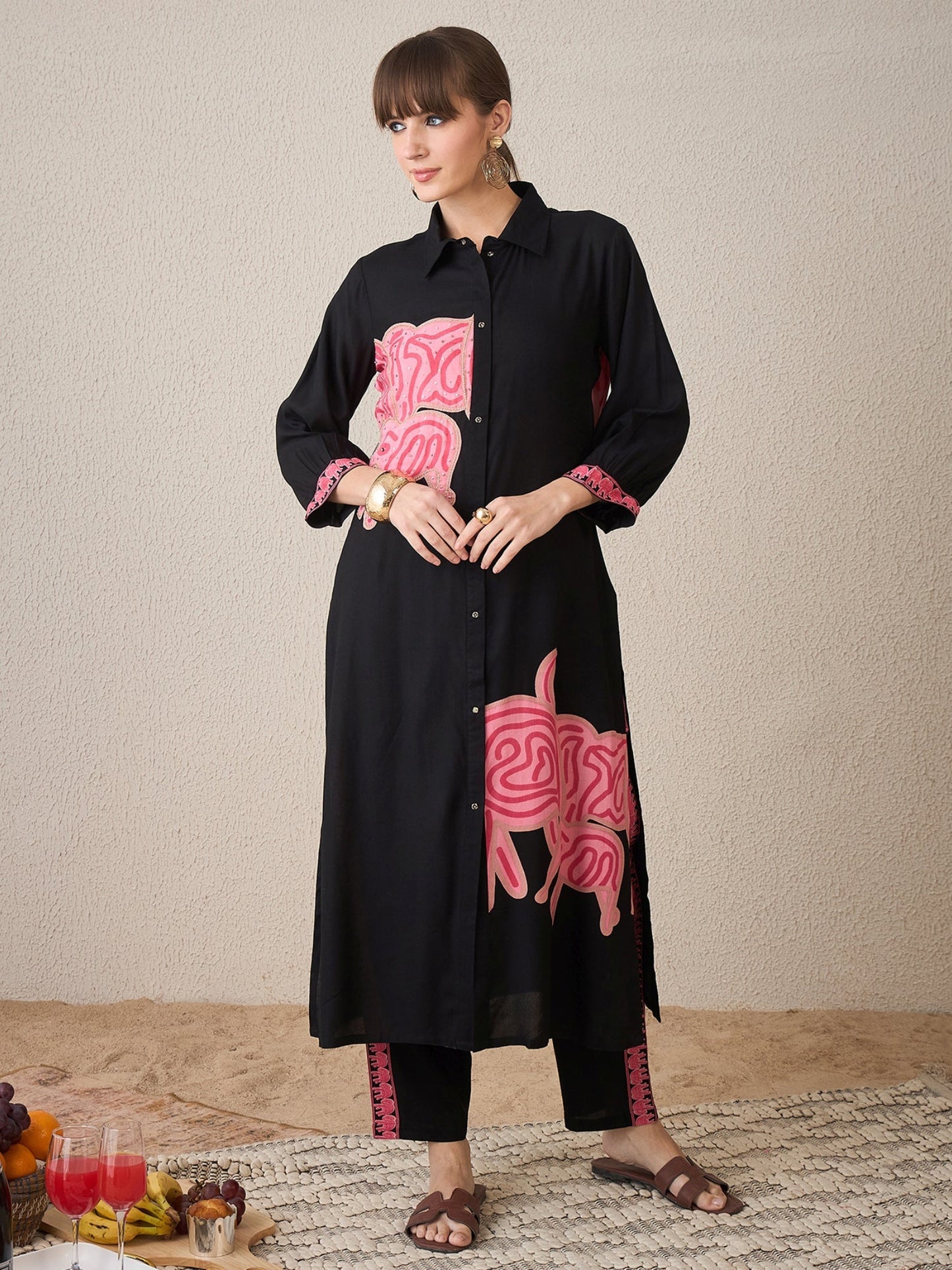 Black Printed Straight Kurta Trousers set