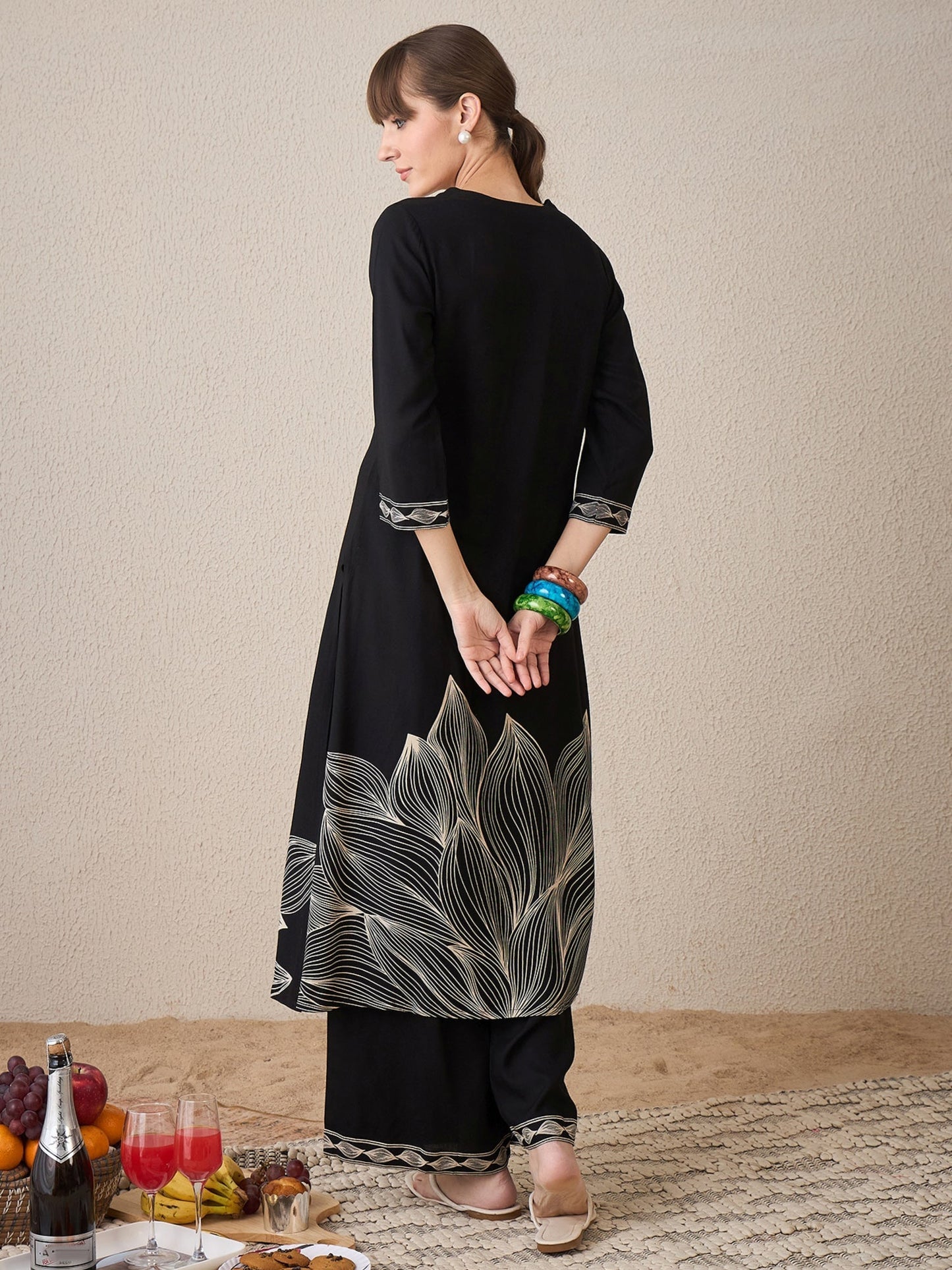 Black Printed Straight Kurta Trousers Set