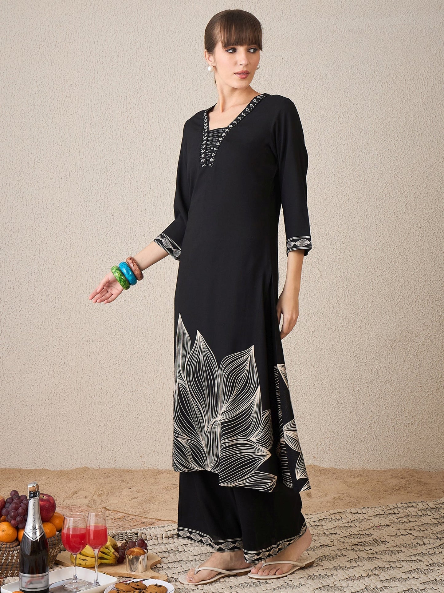 Black Printed Straight Kurta Trousers Set