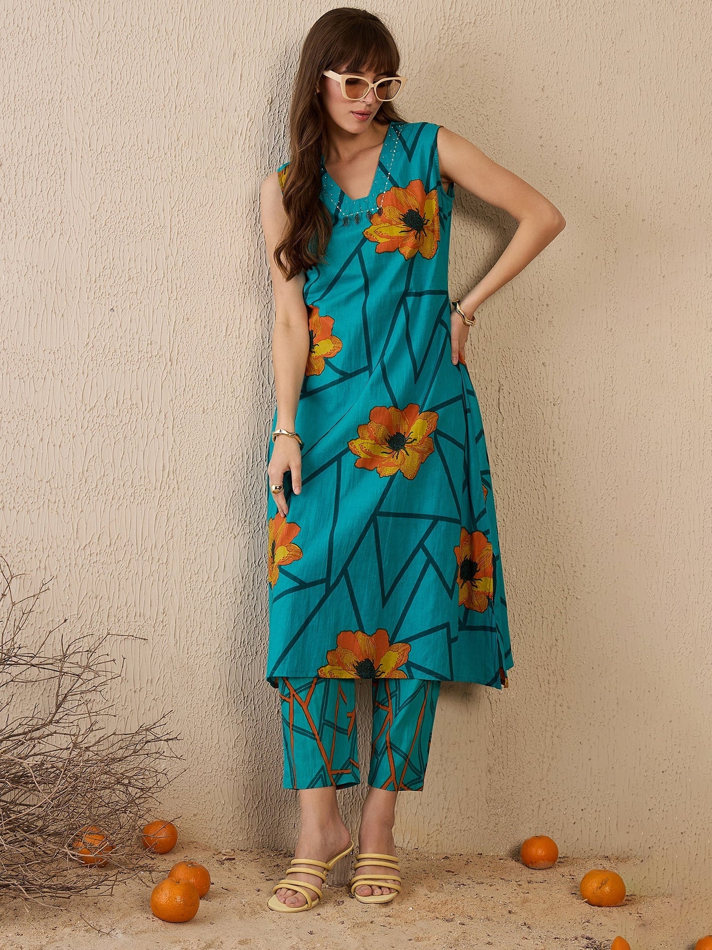 Green Printed A-Line Kurta Set