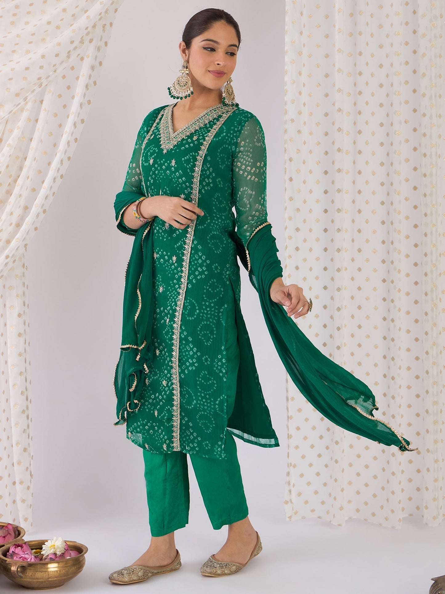 Green Embroidered Straight Kurta Trousers With Dupatta Set