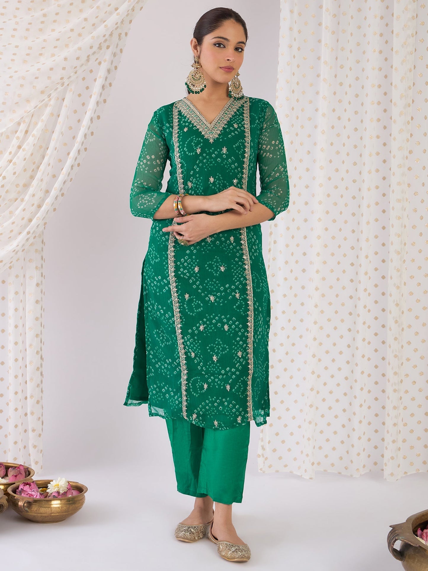 Green Embroidered Straight Kurta Trousers With Dupatta Set
