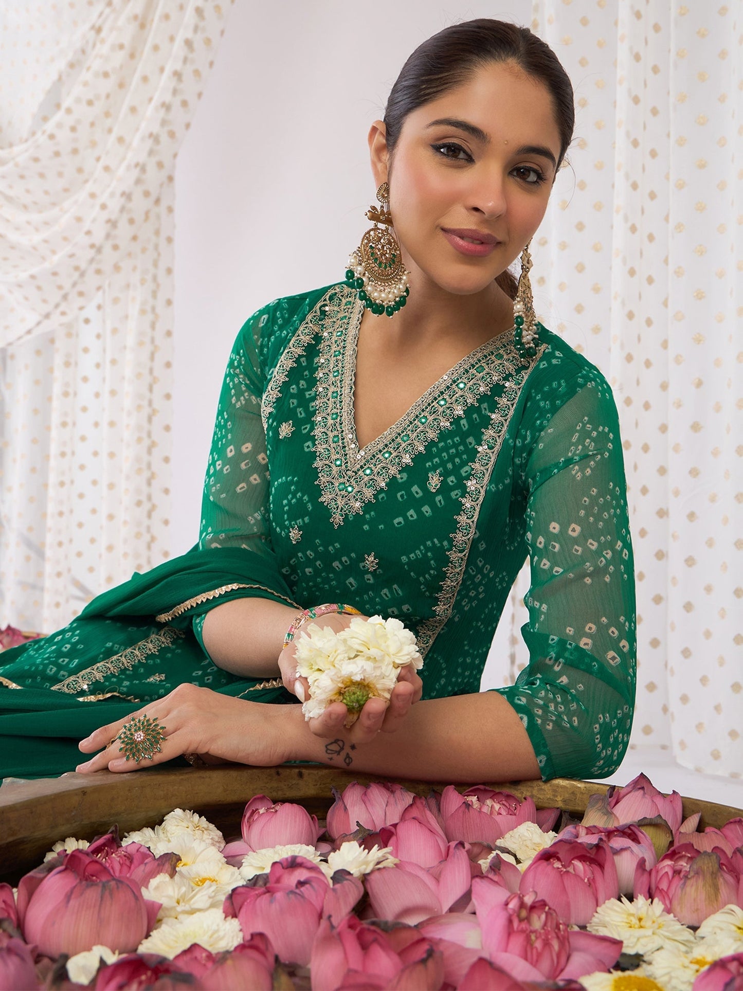 Green Embroidered Straight Kurta Trousers With Dupatta Set