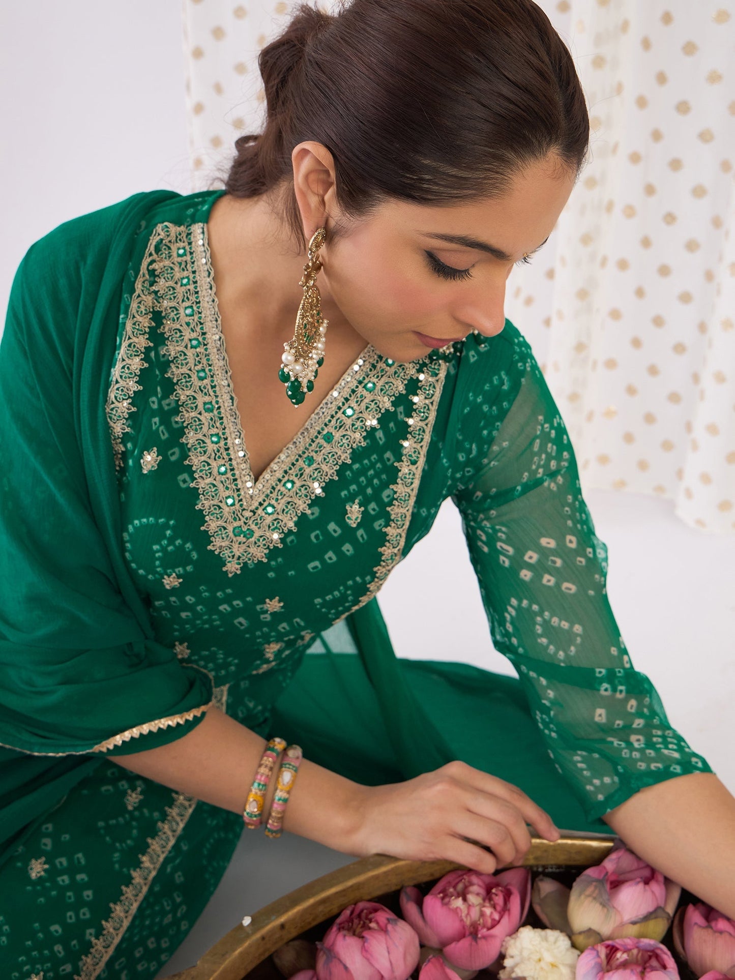 Green Embroidered Straight Kurta Trousers With Dupatta Set