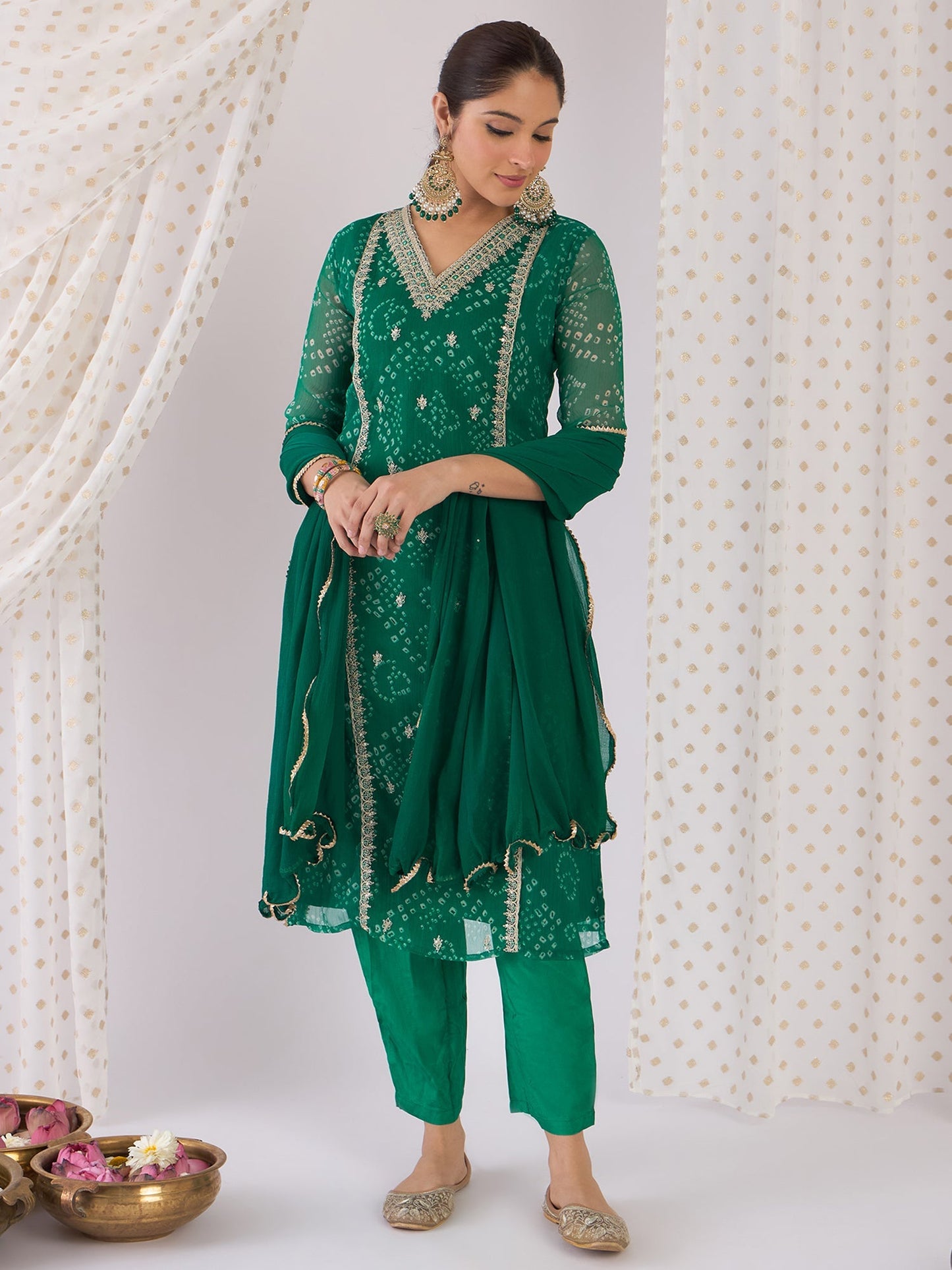 Green Embroidered Straight Kurta Trousers With Dupatta Set